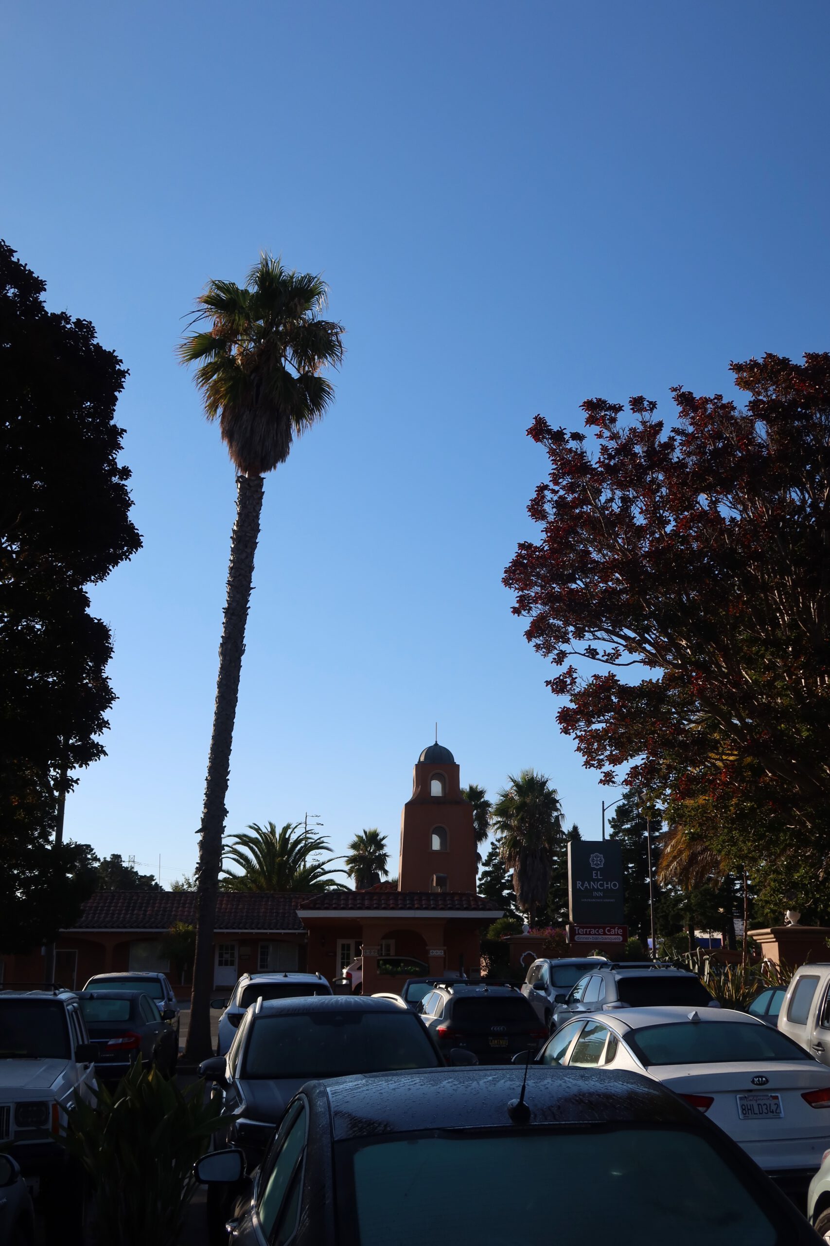 Parking area and entrance tower of SFO El Rancho Inn near San Francisco Airport with palm trees under a clear blue sky