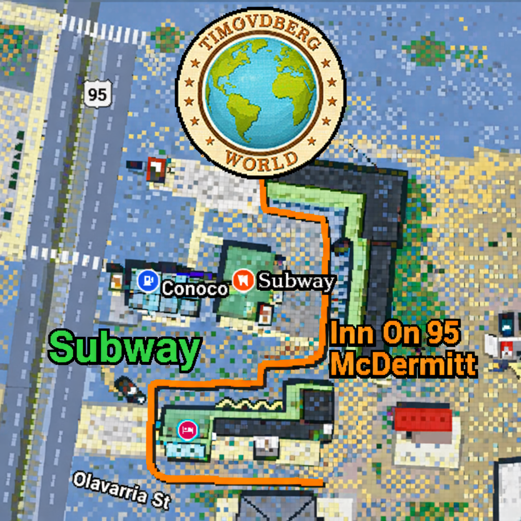 8 bit pixel map showing Subway McDermitt Nevada and Inn On 95 McDermitt along US 95 with highlighted locations