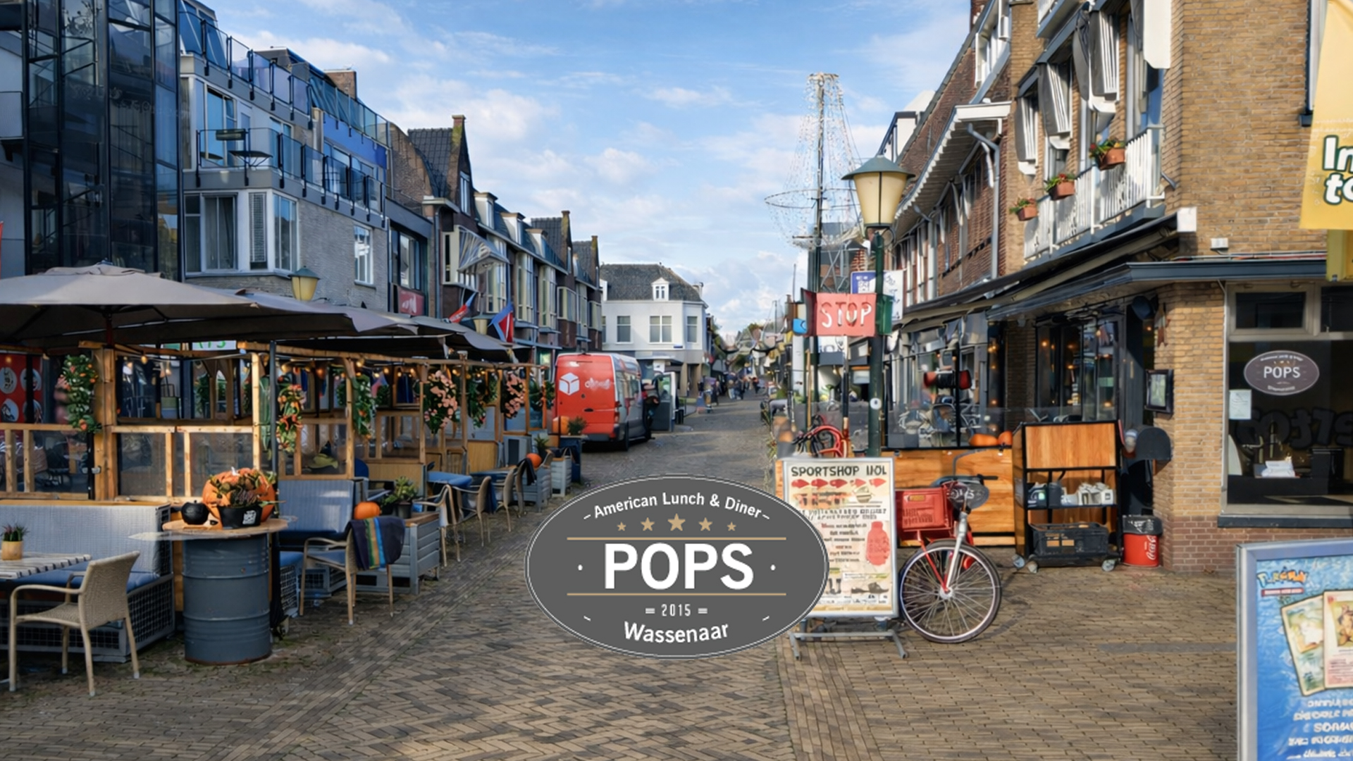 POPS Wassenaar American diner on the Langstraat, lively street view with terrace seating, outdoor tables, and the iconic POPS Wassenaar restaurant exterior in the heart of Wassenaar