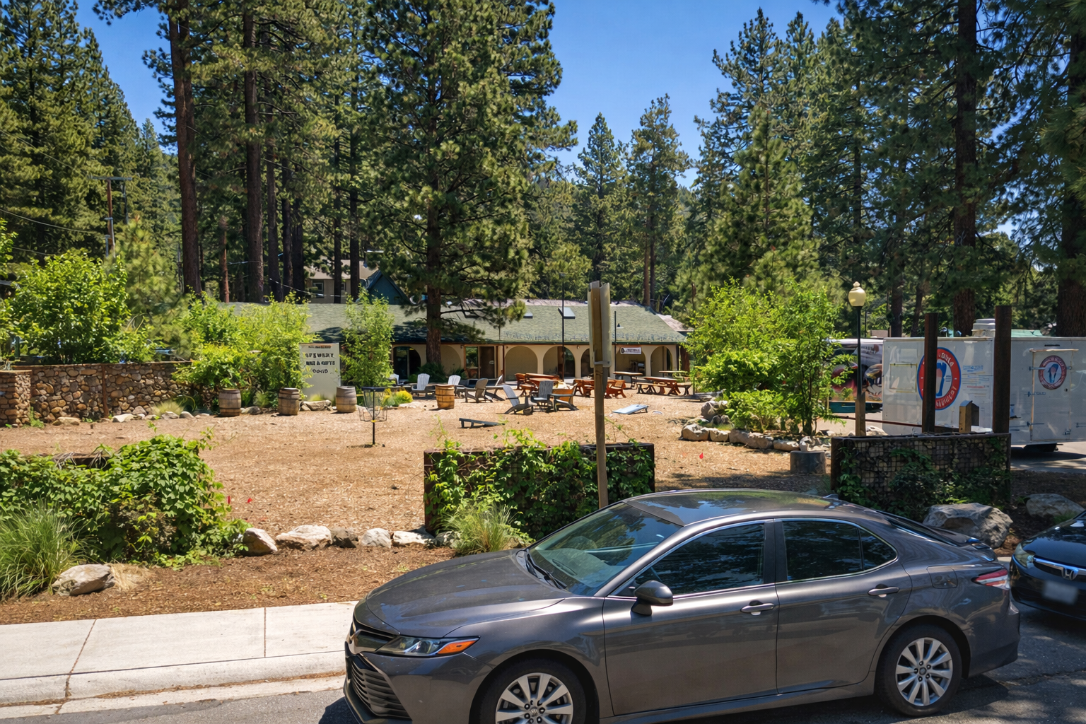 Outdoor seating area of Bear Belly Brewing Company at Tahoe Backyard in Kings Beach California, surrounded by pine trees, picnic tables, and a relaxed local craft brewery atmosphere near Lake Tahoe