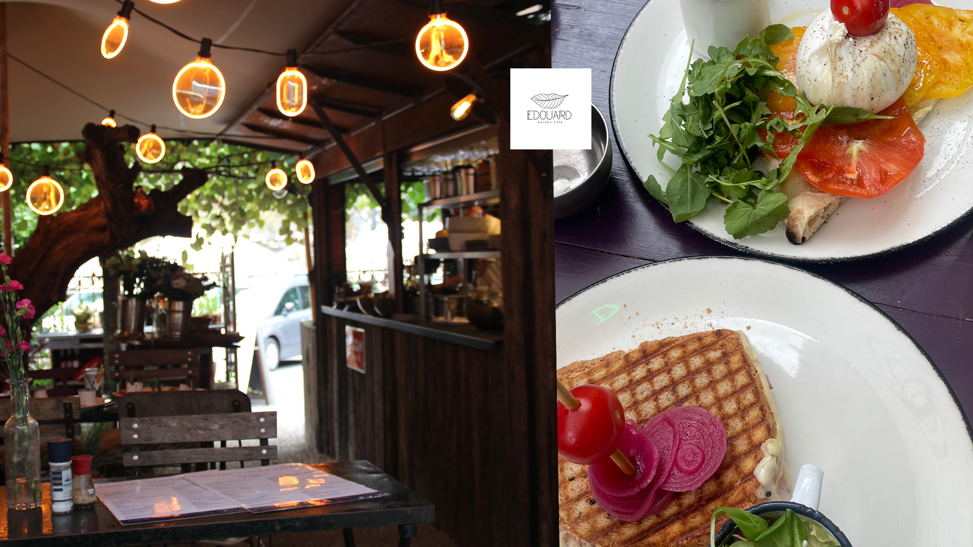 Edouard Garden Café Durbuy garden terrace with cozy lighting, stylish outdoor seating, and fresh lunch dishes served in a relaxed, modern atmosphere