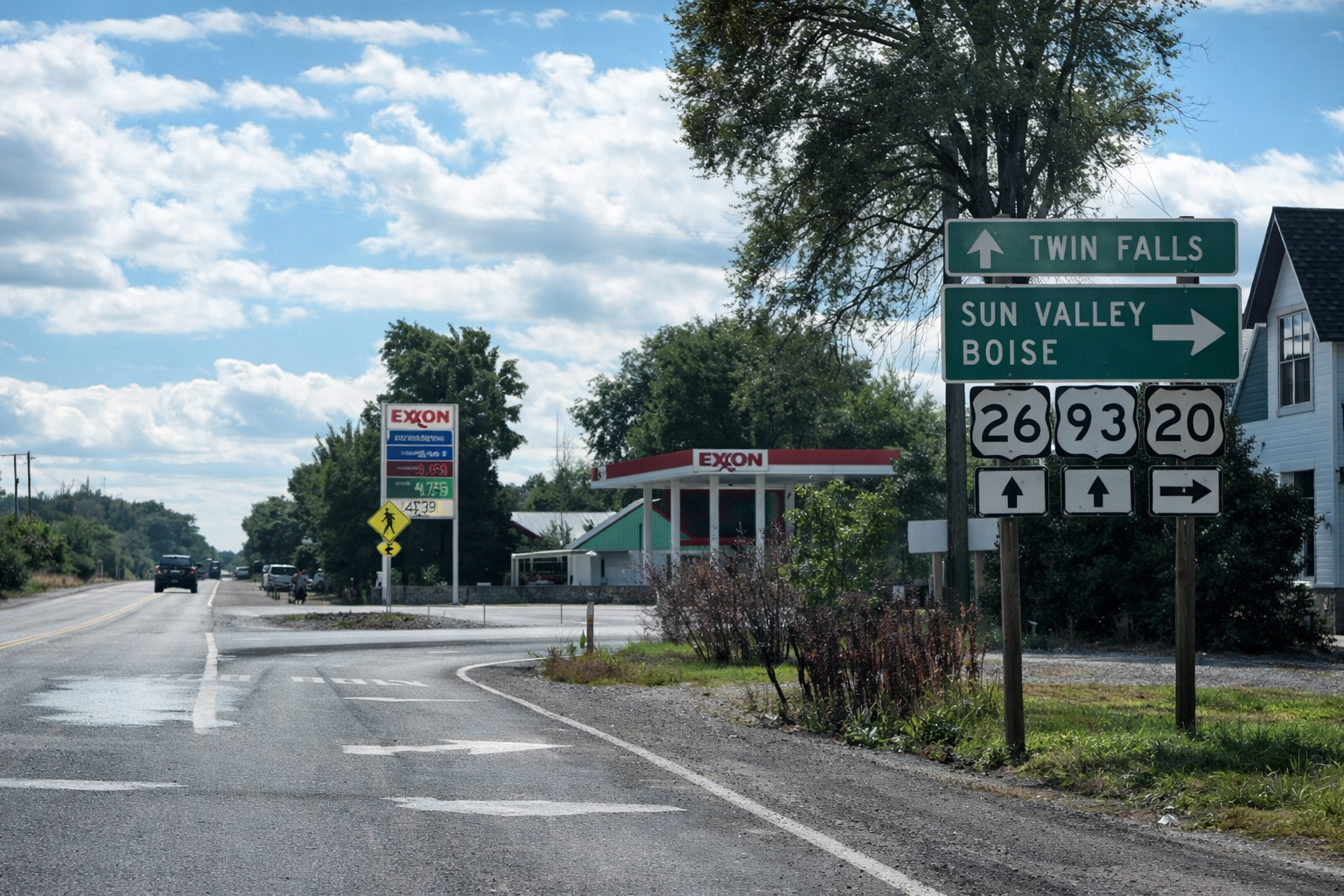 Exxon Carey Idaho gas station at a rural crossroads with road signs pointing to Twin Falls, Sun Valley, and Boise, a typical Southern Idaho road trip stop.