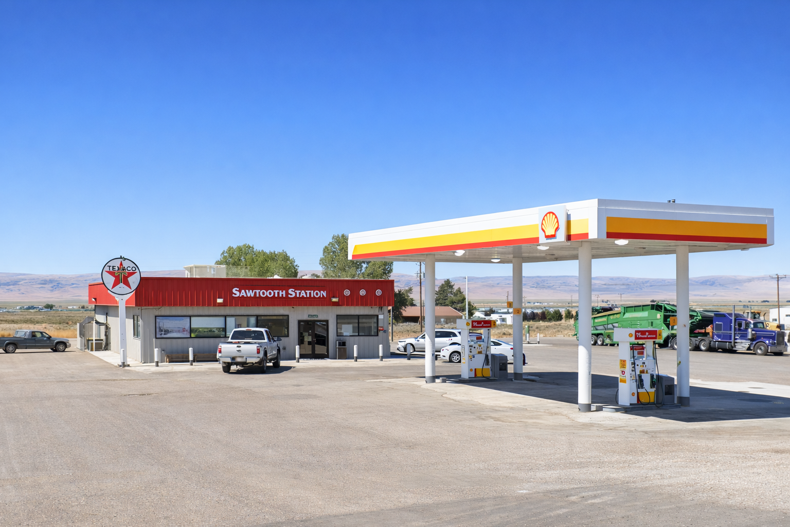 Sawtooth Station restaurant and Texaco & Shell gas stations in McDermitt, Nevada along US-95, classic roadside stop near the Oregon border in northern Nevada