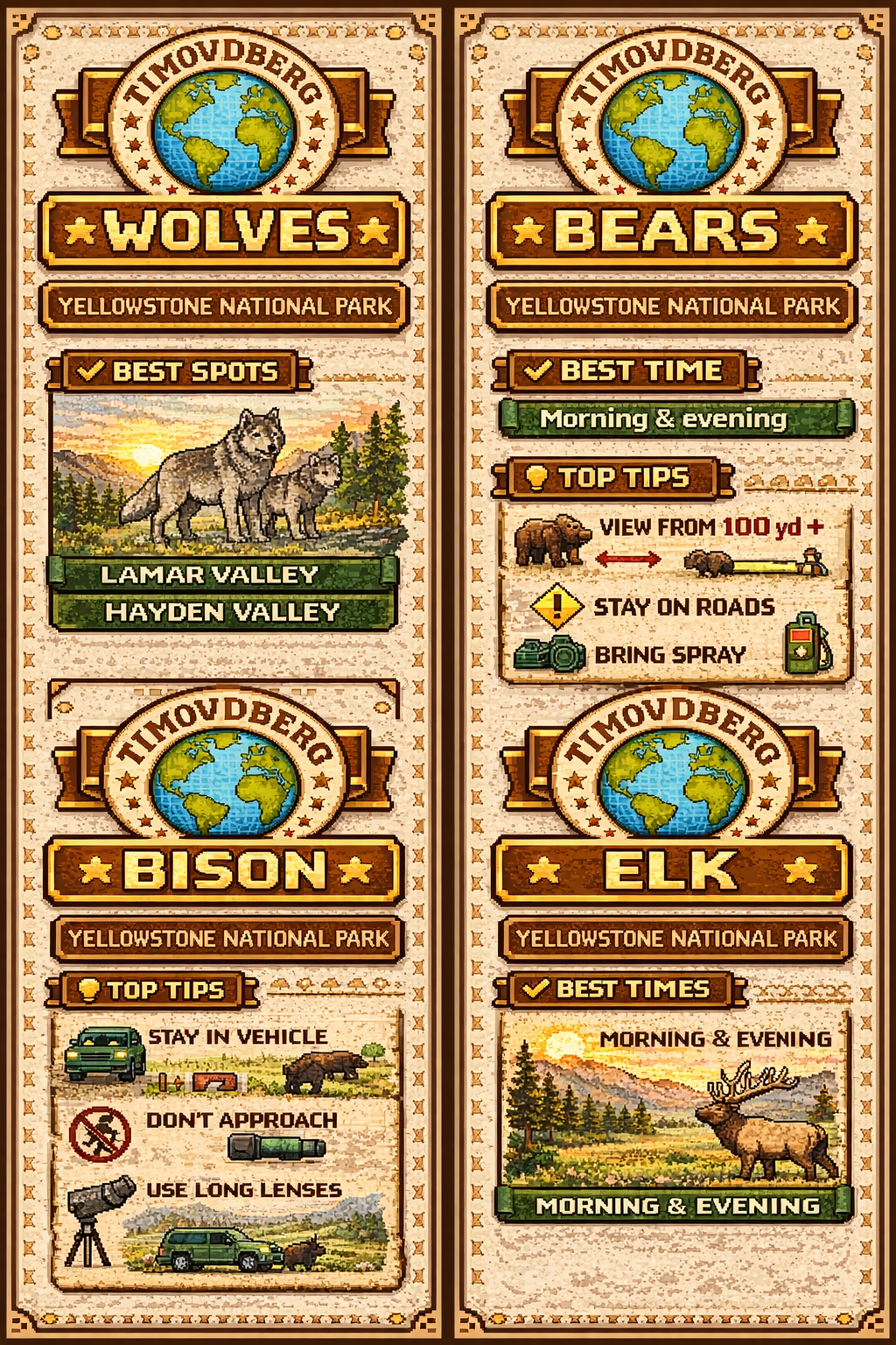 8 bit pixel art wildlife viewing guide for Yellowstone National Park showing best times, best spots like Lamar Valley and Hayden Valley, and safe wildlife viewing tips, designed in retro style with Timovdberg World branding.