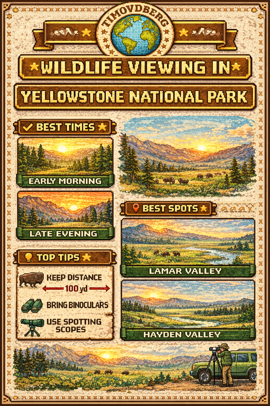 8 bit pixel art wildlife guides for Yellowstone National Park featuring wolves, bears, bison, and elk, with simple tips on where to spot them, best viewing times, and safe observation practices, created in retro style for Timovdberg World.