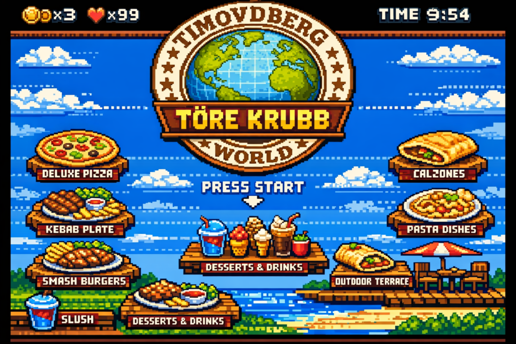 8 bit video game style menu showcase of Töre KRUBB restaurant in Töre Sweden, featuring deluxe pizza, kebab plates, smash burgers, calzones, pasta dishes, desserts, drinks, slush and the outdoor terrace with the TIMOVDBERG WORLD logo