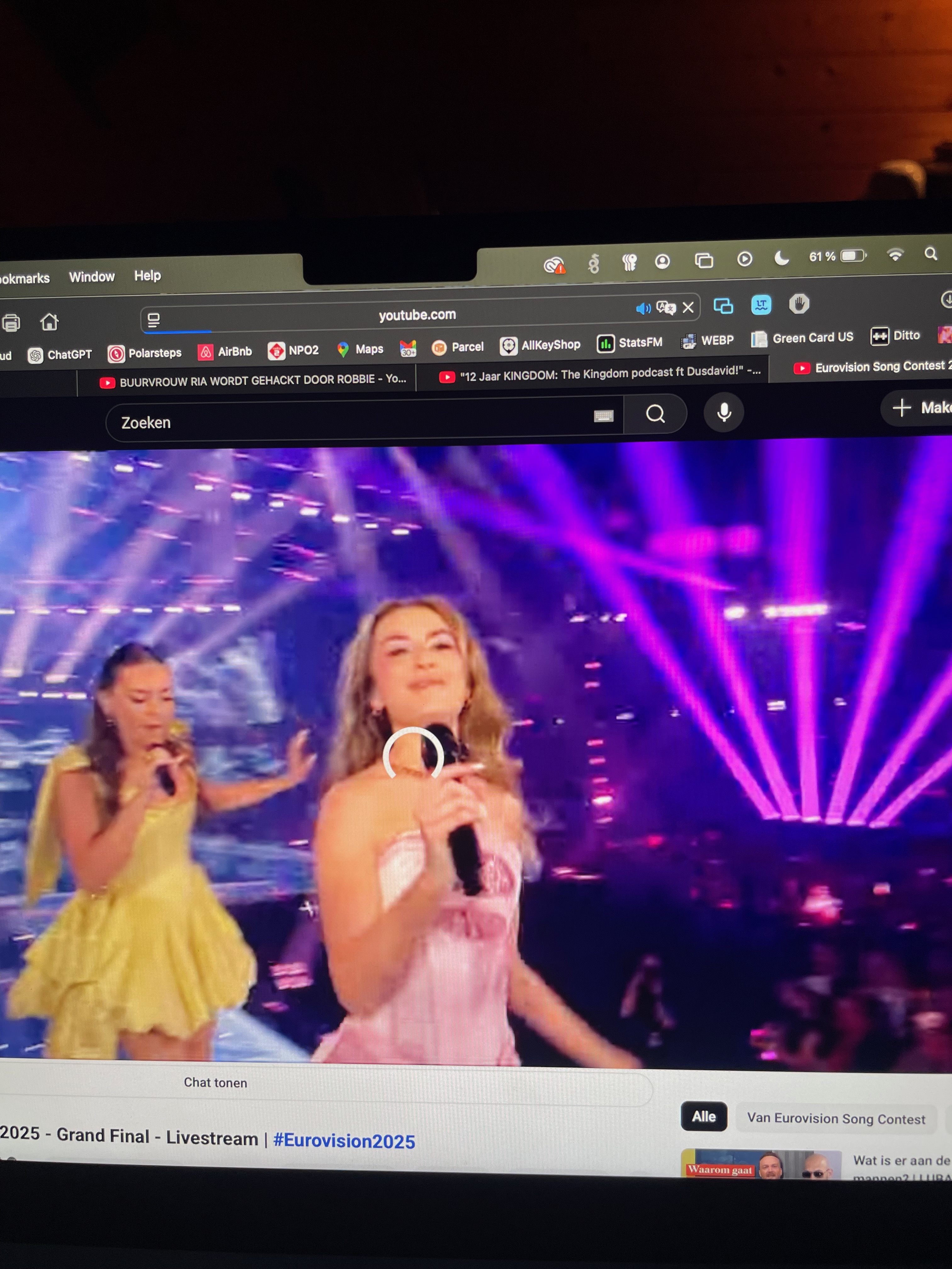 Annekset pa Langholm review showing Eurovision on a laptop screen during a quiet evening inside the wooden Airbnb hut in Ringe Denmark