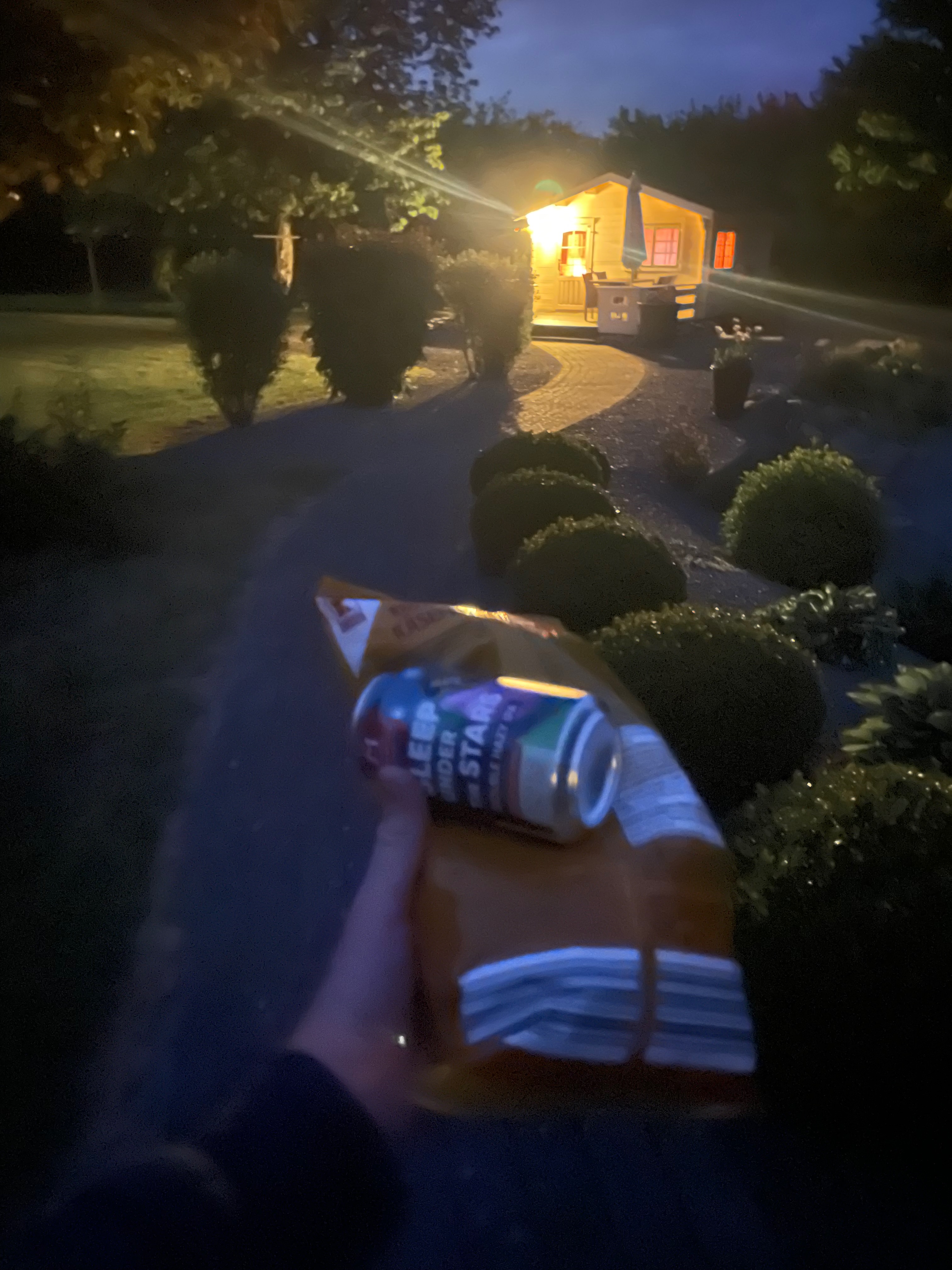 Annekset pa Langholm review showing evening snacks and Astra Spezial outside the warmly lit wooden Airbnb hut with garden path and bushes in Ringe Denmark