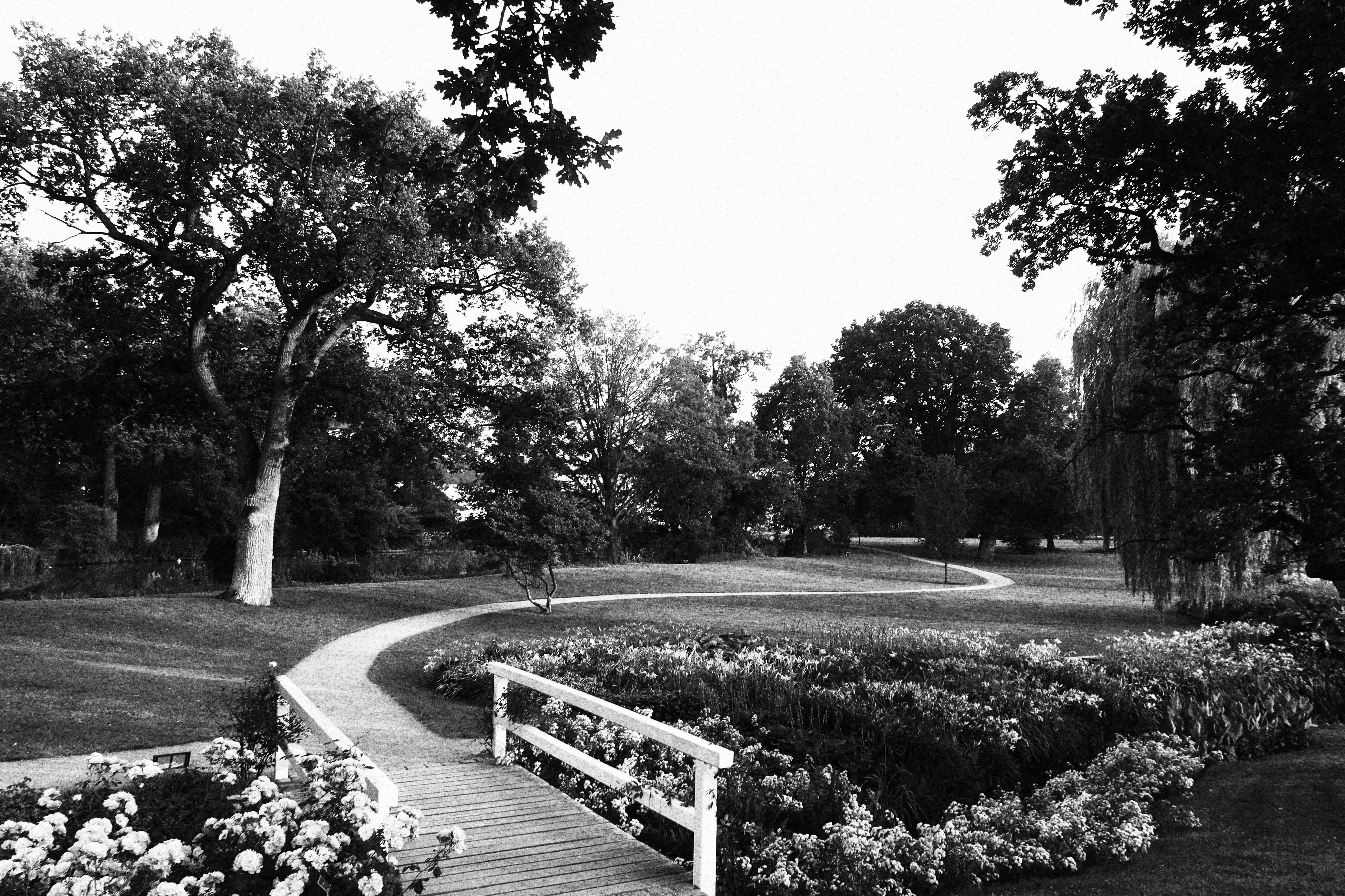 Gråsten Slot palace garden in black and white, showing a small white bridge, curved walking path, flower beds, and old trees.