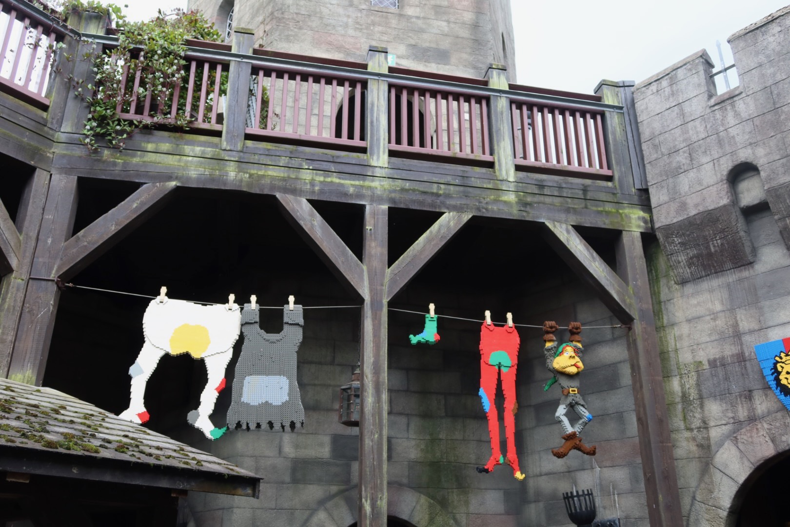 LEGOLAND Billund review IMG 2765 showing LEGO medieval clothes hanging on a line inside the castle area at LEGOLAND Billund Denmark