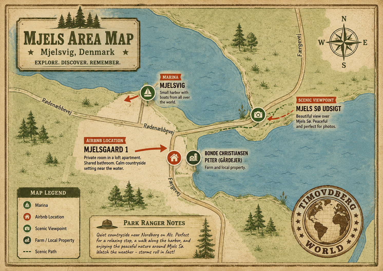 Mjelsgaard 1 Airbnb Review Park Ranger style map showing Mjelsvig Marina, the Airbnb location, Mjels Sø Udsigt viewpoint, and the Timovdberg World stamp in Denmark