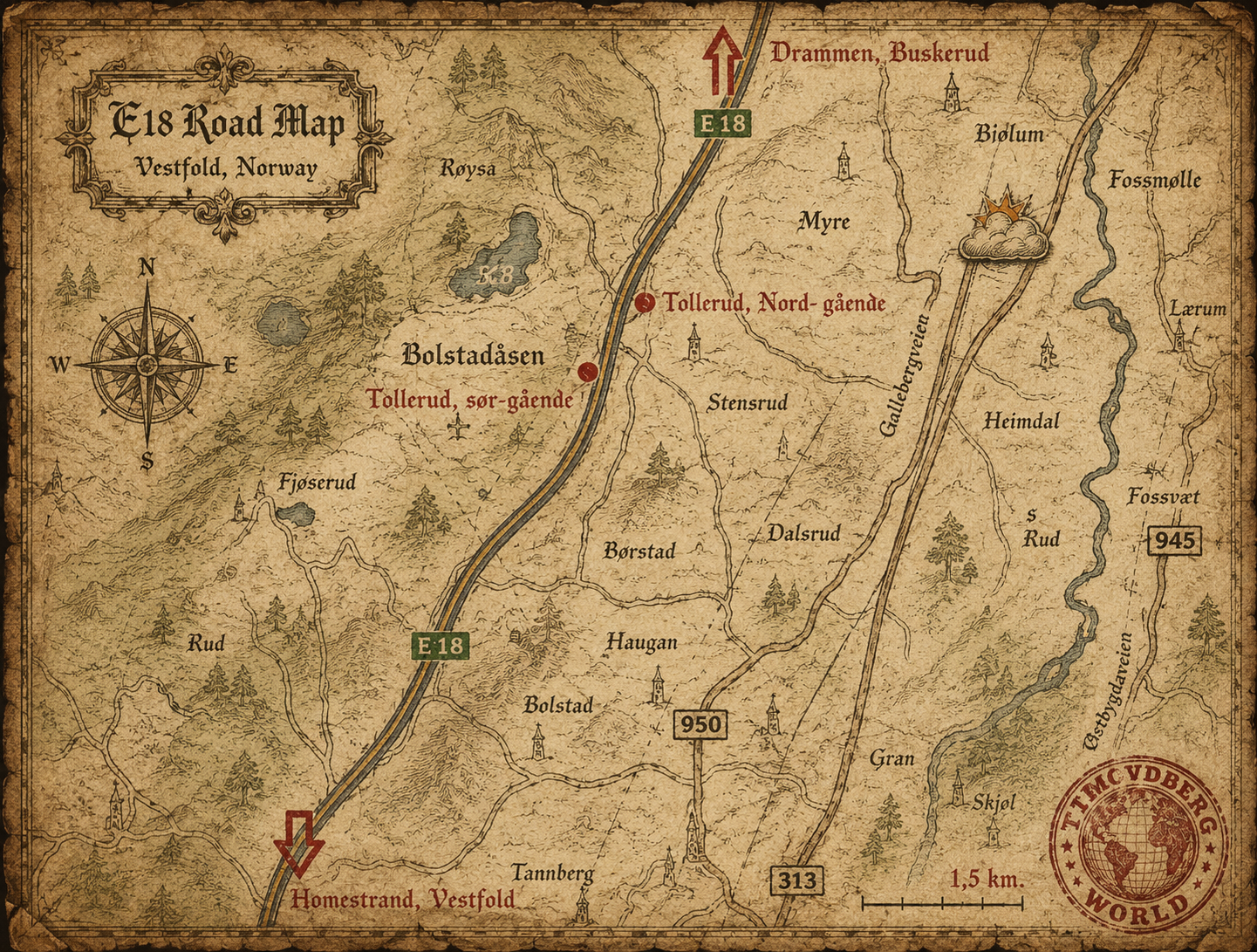 Tollerud rasteplass syd medieval style E18 road map of Vestfold Norway, showing Tollerud southbound, Tollerud northbound, Drammen, Holmestrand, road markers, compass rose and Timovdberg World stamp