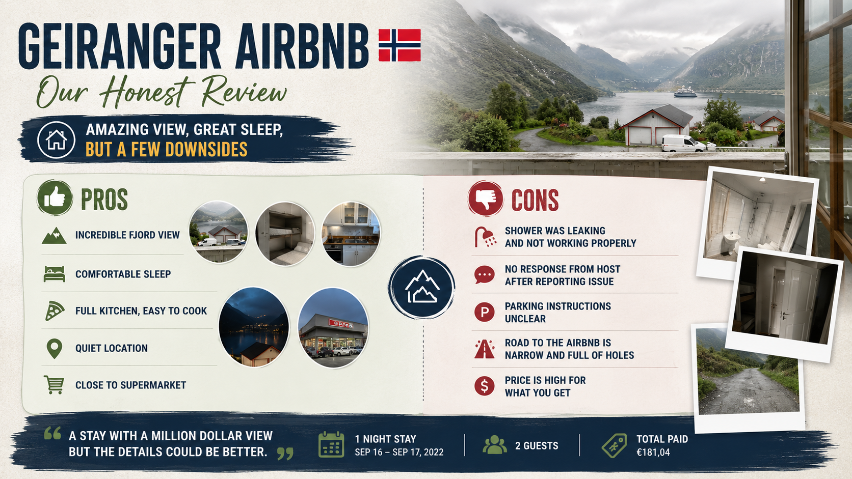 Geiranger Airbnb infographic review with pros and cons, showing fjord views, apartment details, unclear parking, shower issues, and stay information for one night in Norway