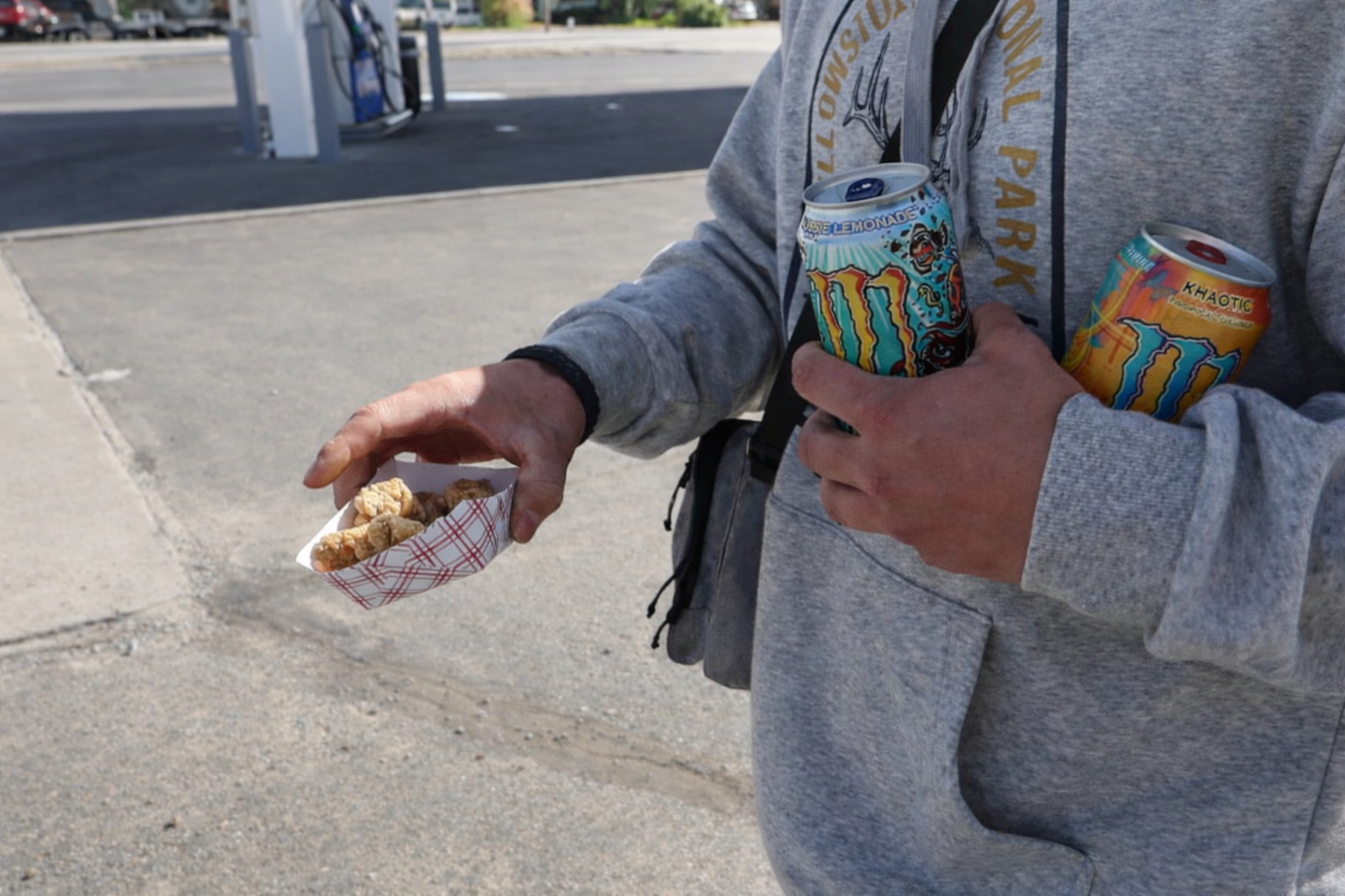 Road trip snack moment at Oasis Stop N Go Carey Idaho, holding crispy chicken bites and two Monster Energy drinks at an Exxon gas station in rural Idaho.