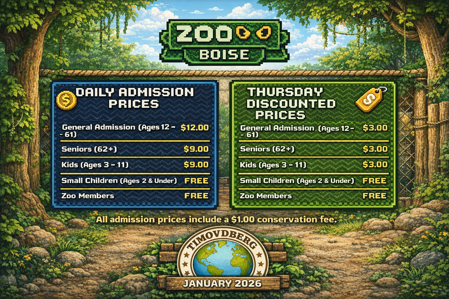 8-bit pixel art infographic showing Zoo Boise ticket prices for January 2026, with daily admission prices on the left and discounted Thursday prices on the right, set against a lush zoo-themed background, featuring the TIMOVDBERG WORLD logo at the bottom and a note stating that all admission prices include a $1.00 conservation fee.
