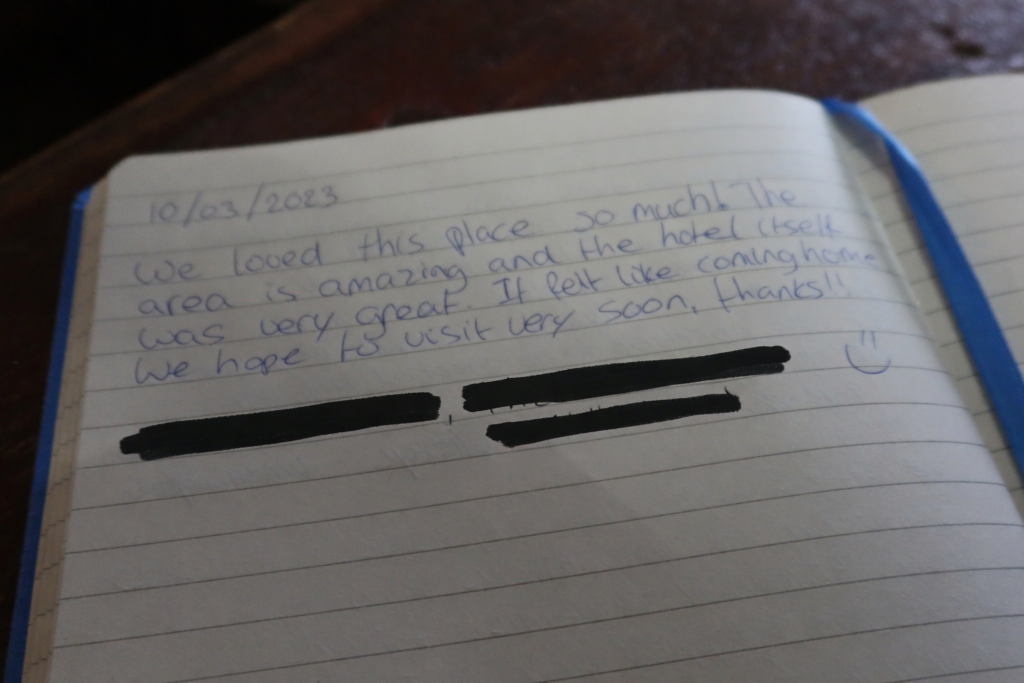 Guestbook message at Park Hotel Yellowstone with names and hometown redacted for privacy