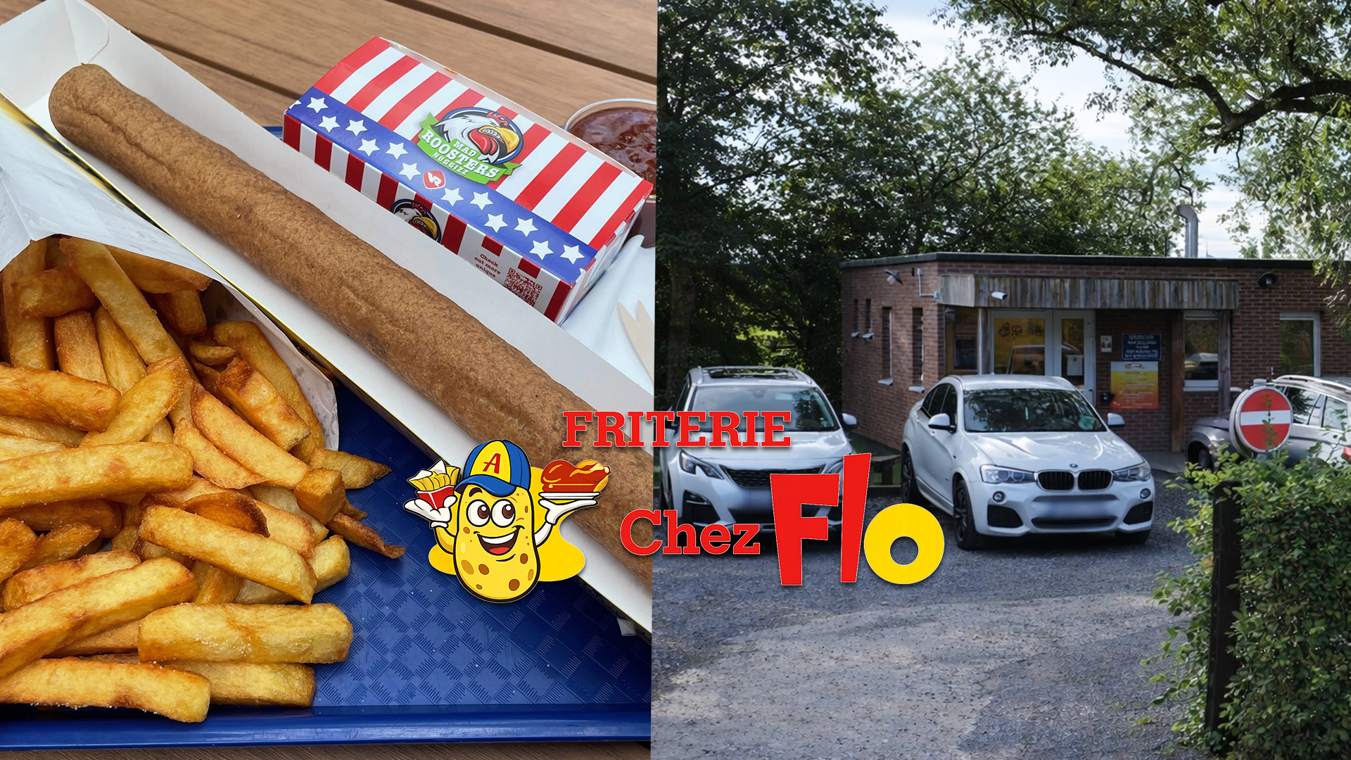 Chez Flo lunch review featuring Belgian fries, fricandelle XXL and the exterior of Friterie Chez Flo in Sprimont, Belgium with outdoor seating