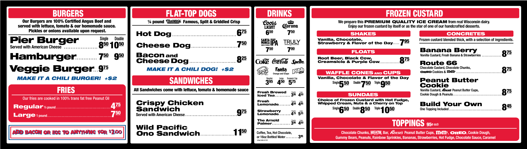 PierBurger menu at Santa Monica Pier showing classic American diner items including Angus beef burgers, hot dogs, fries cooked in peanut oil, sandwiches, soft drinks, local Santa Monica Brew Works IPA, milkshakes, floats, and frozen custard desserts