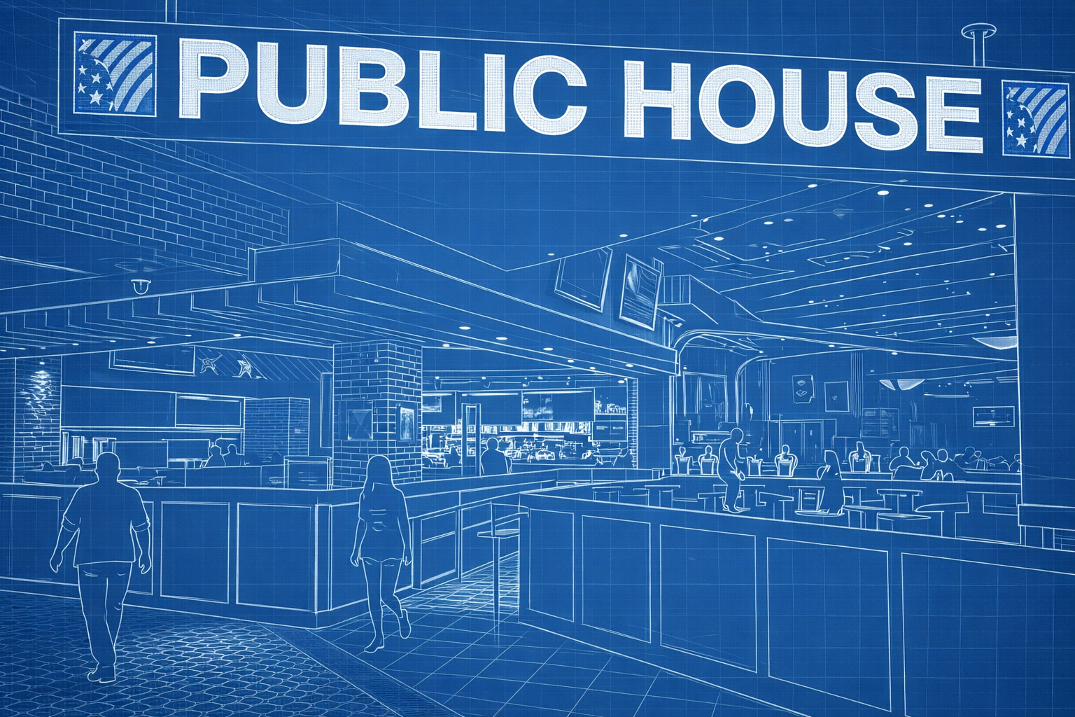 Blueprint-style illustration of the Public House entrance inside Luxor Hotel Las Vegas, showing bar layout, seating areas, and large sports screens