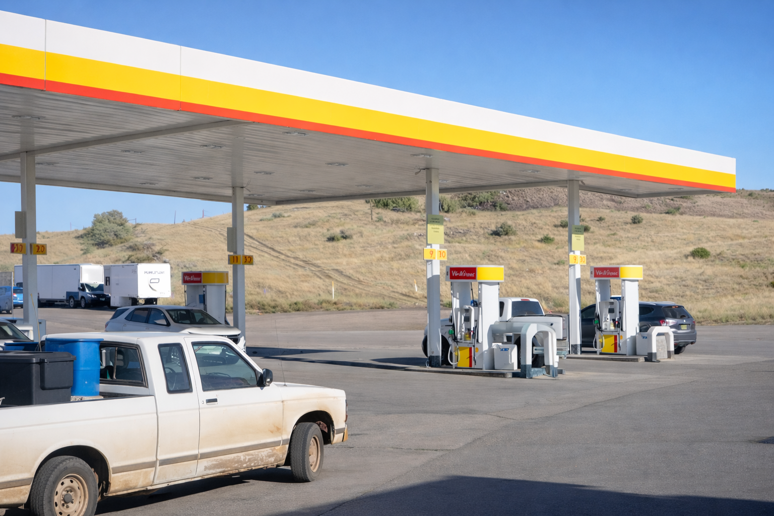 Wide-angle view of a Shell gas station in rural Arizona with a red and yellow canopy, multiple fuel pumps, a weathered white pickup truck in the foreground, and rolling dry hills under a clear blue sky.
