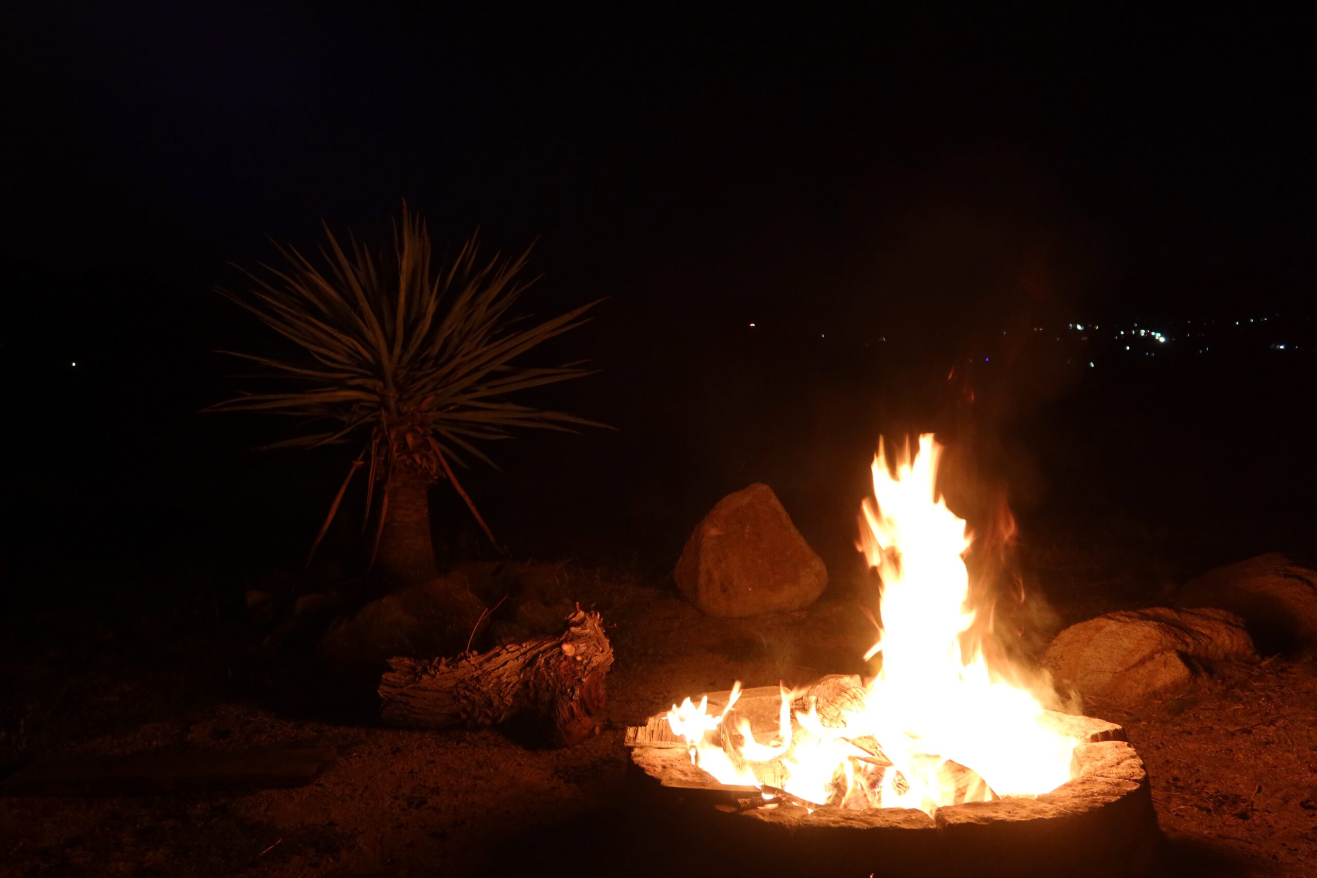 Close-up of a fire burning in an outdoor fire pit at Casa Rustica Morongo Valley Airbnb, surrounded by desert ground, rocks, and a Joshua tree under the dark night sky.