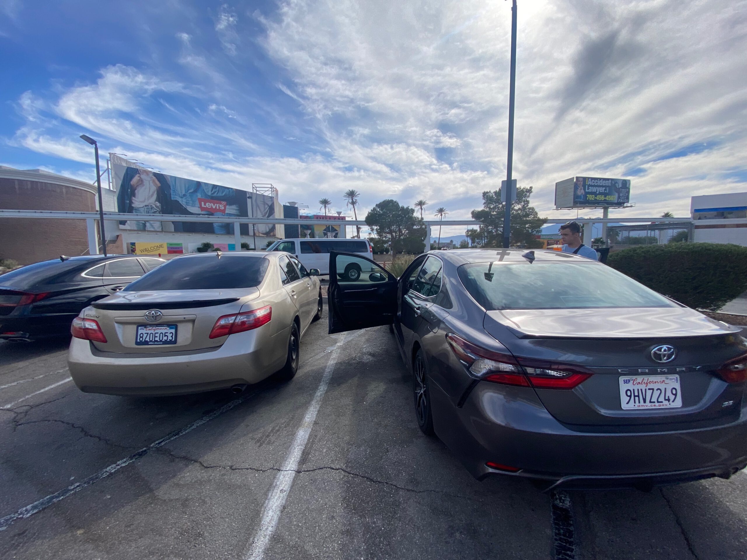 Parking lot view with parked cars and open space near McDonalds Primm Nevada on the California–Nevada border during a quiet afternoon stop