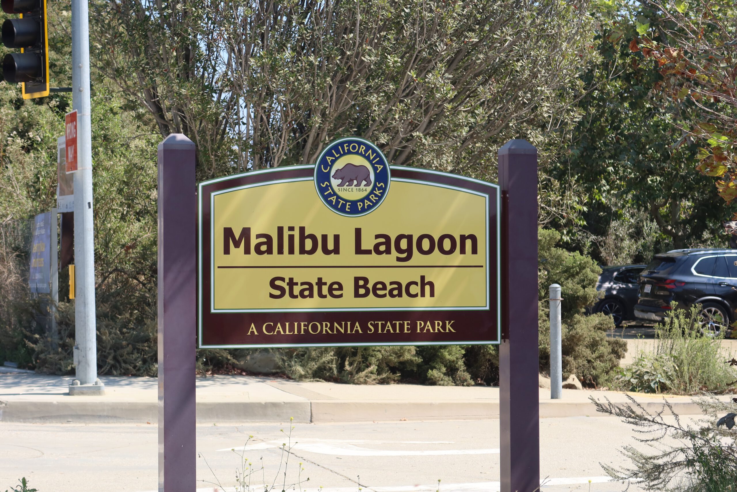 Malibu Lagoon State Beach sign marking the entrance to the California State Park in Malibu, California