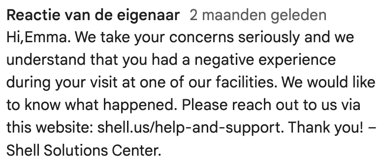 Official owner response from Shell Solutions Center addressing a customer complaint about the air machine at Shell at 1501 Coppermine Road in Page Arizona