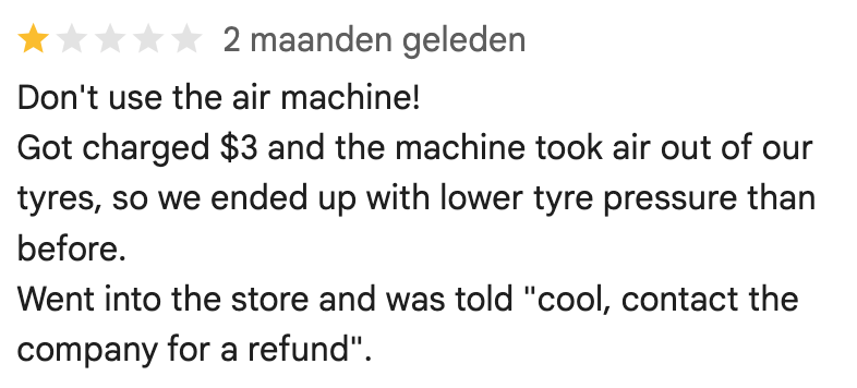 Customer review warning about the paid air machine at Shell at 1501 Coppermine Road in Page Arizona after experiencing reduced tire pressure