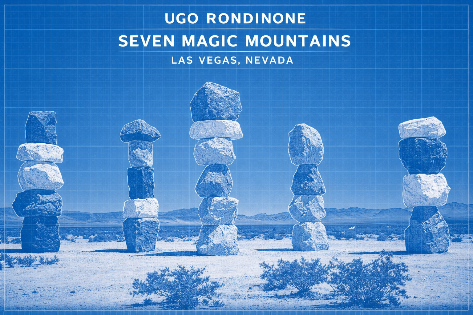 Seven Magic Mountains Las Vegas blueprint-style image showing seven stacked rock towers in the Mojave Desert without people