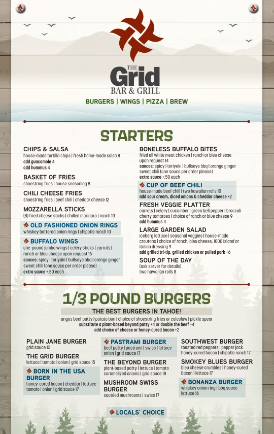The Grid Bar and Grill Lake Tahoe menu featuring starters, buffalo wings, appetizers and one third pound burgers