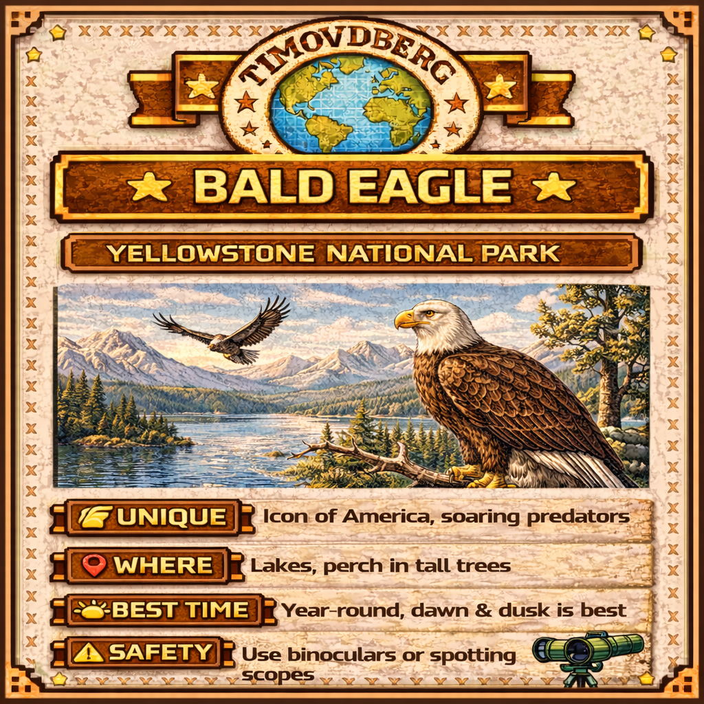 8-bit wildlife infographic of a bald eagle in Yellowstone National Park, explaining where to spot bald eagles near lakes and rivers, best viewing times, and how to observe using binoculars