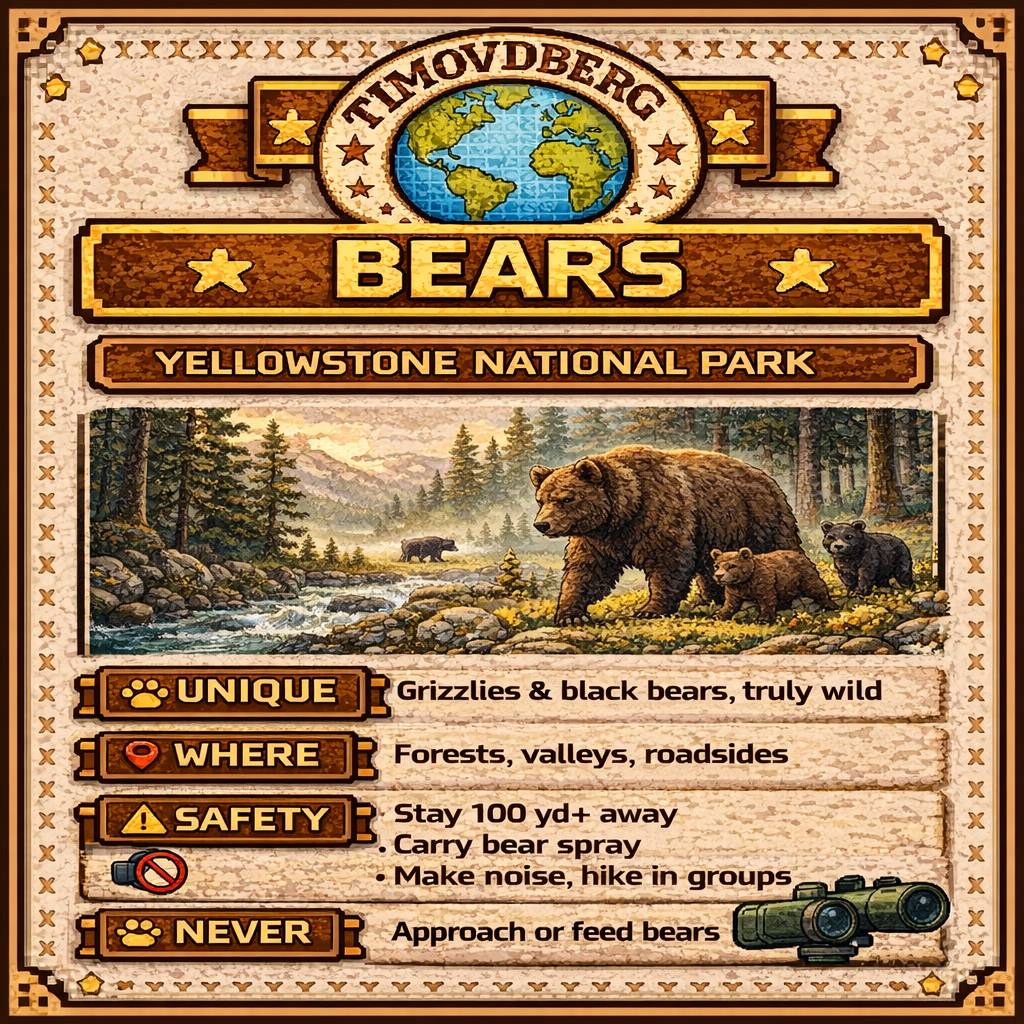 8-bit style wildlife guide featuring grizzly and black bears in Yellowstone National Park, including where bears live, safety distance rules, and how to spot bears responsibly in forests and valleys