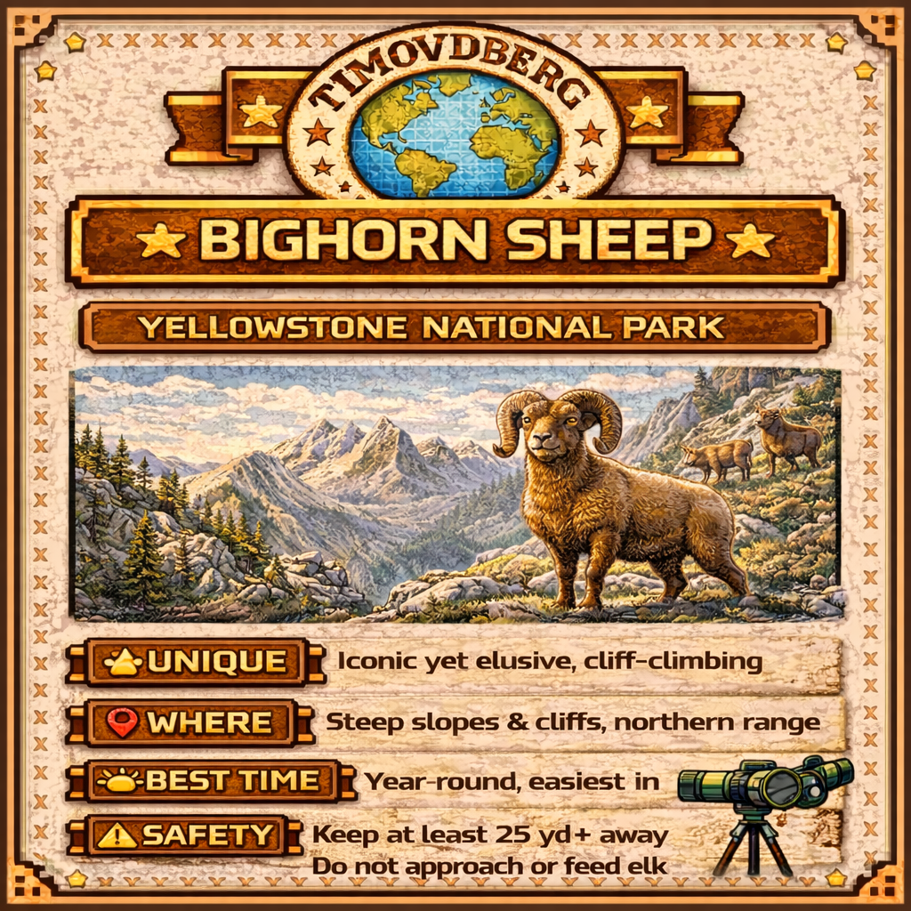 8-bit wildlife guide of bighorn sheep in Yellowstone National Park, showing their rocky mountain habitat, northern range locations, viewing tips, and safe spotting distance