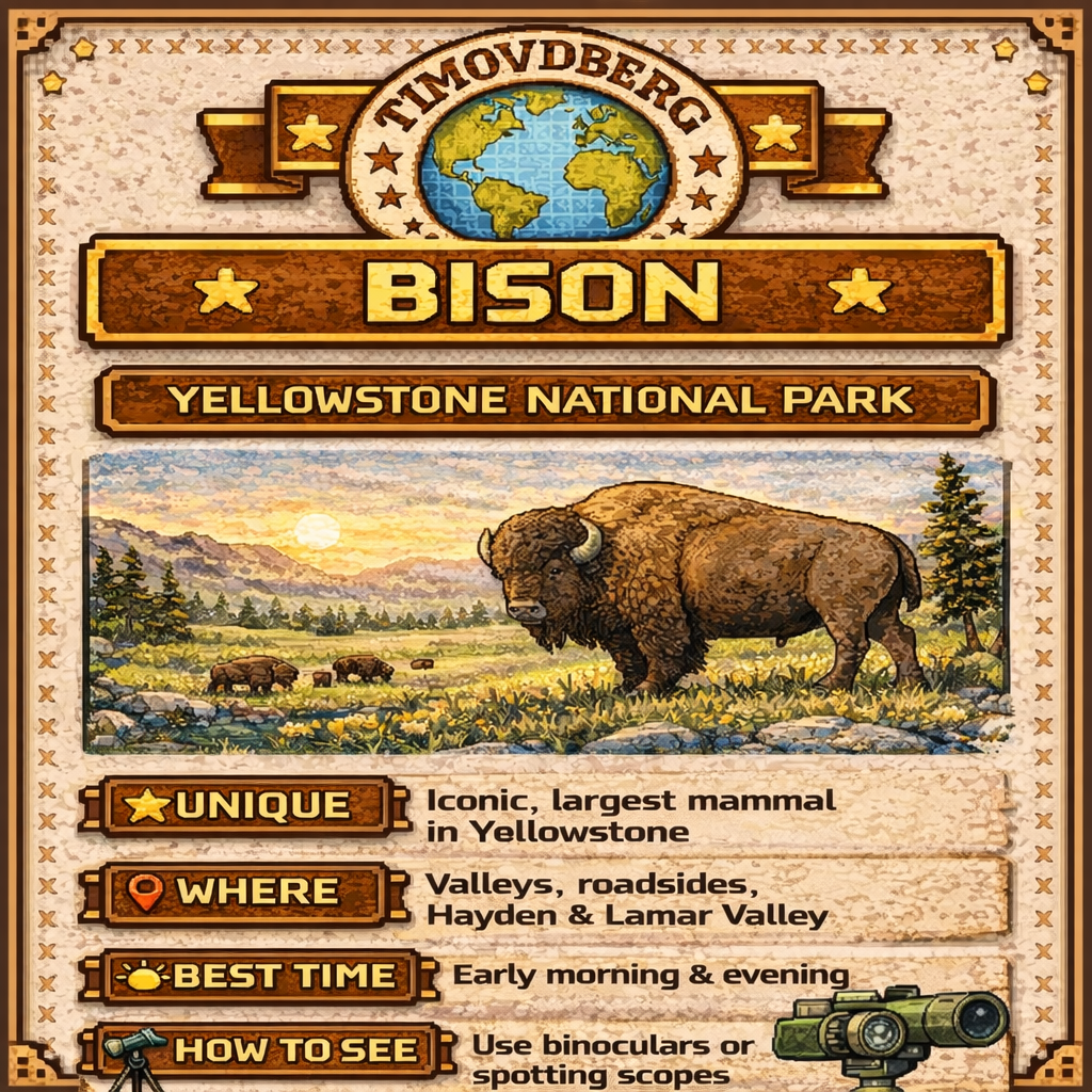 8-bit wildlife guide of a bison in Yellowstone National Park, showing where to spot bison in Lamar Valley and Hayden Valley, best viewing times, and how to safely watch America’s largest land mammal