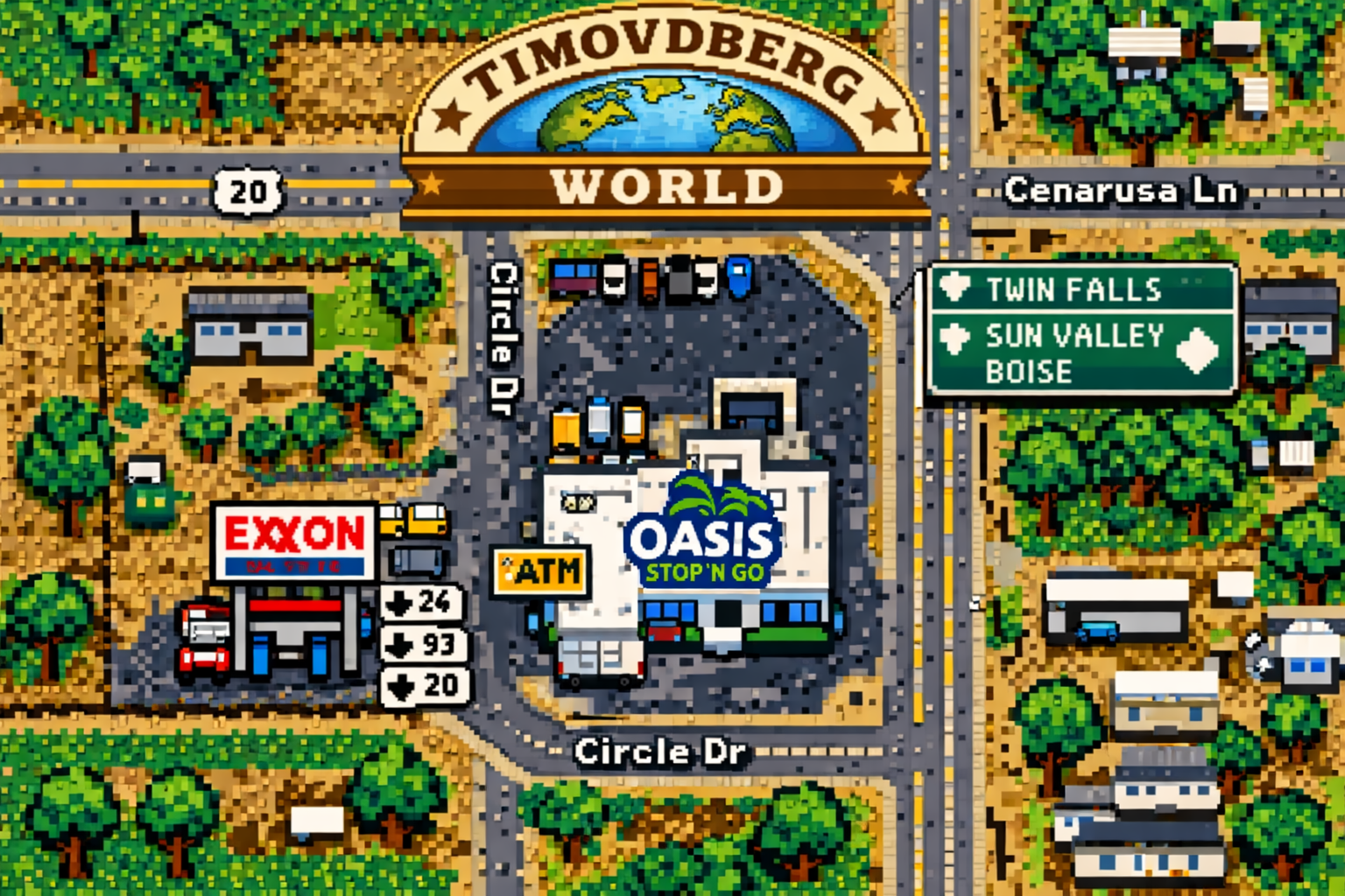 8-bit pixel art map of Exxon gas station and Oasis Stop ’N Go convenience store in Carey, Idaho, showing Highway 20, Circle Drive, Cenarussa Lane, with Oasis building highlighted and Timovdberg World logo at the top.