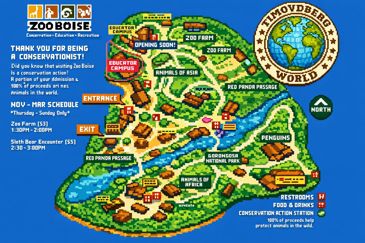 8-bit pixel art map of Zoo Boise showing all animal zones, paths, river, entrance and exit, with labeled areas like Animals of Asia, African Plains, Penguin Pavilion, and the TimovdBerg World logo included.