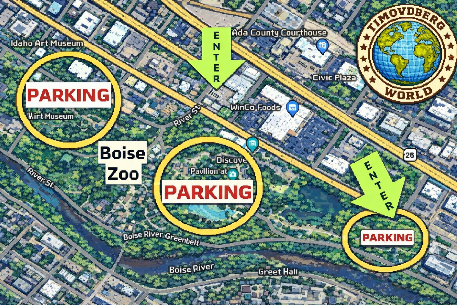 8-bit pixel art map of downtown Boise showing Zoo Boise, nearby parking areas, entrances, River Street, and the Boise River Greenbelt, including clear parking zones and directional arrows, with the TimovdBerg World logo.