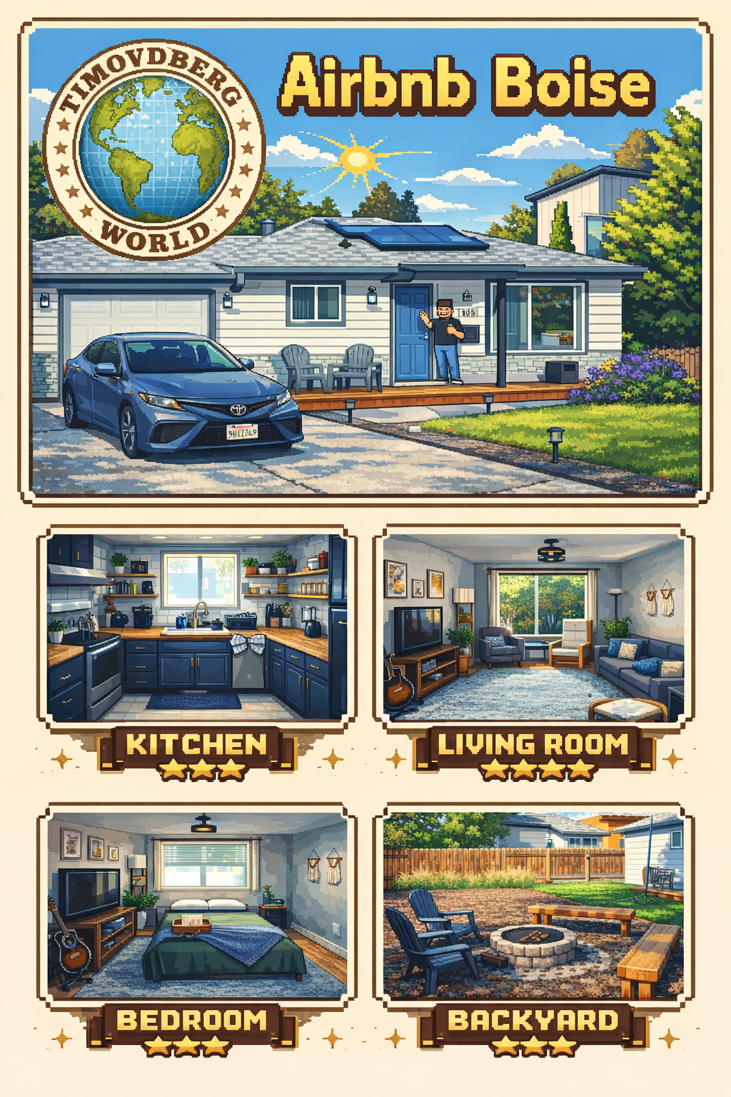 Illustrated overview of an Airbnb in Boise, showing the exterior of the house, modern kitchen, cozy living room, comfortable bedroom, and backyard seating area, styled as a vintage travel poster.