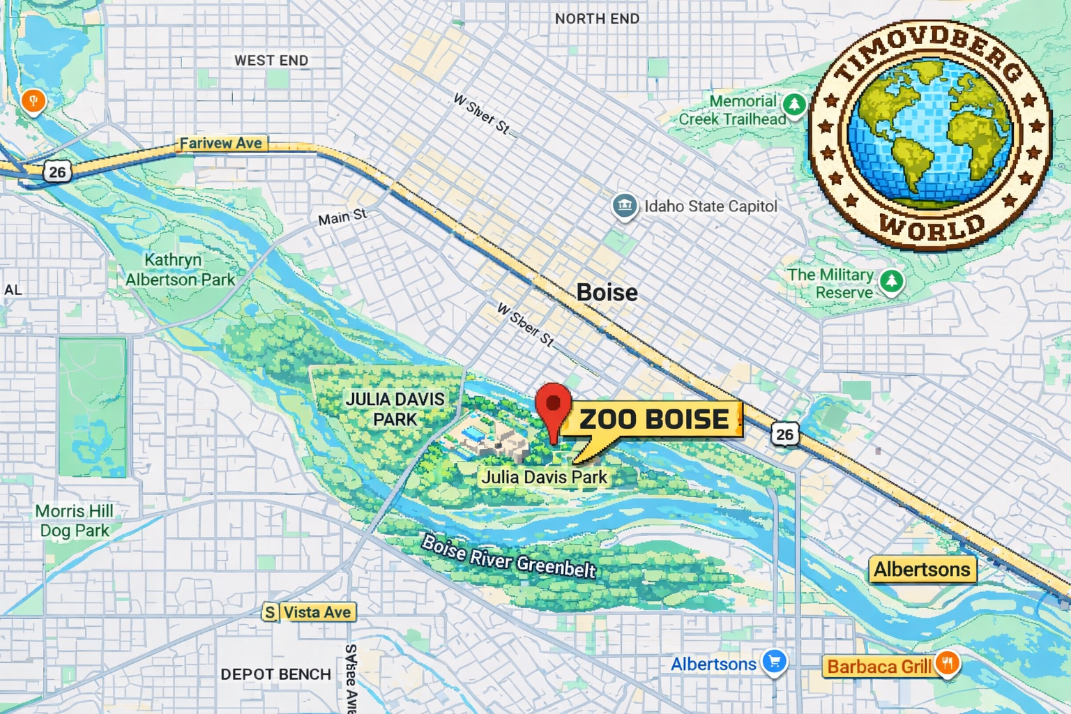 8-bit pixel art map of Boise, Idaho highlighting the location of Zoo Boise inside Julia Davis Park, with the Boise River Greenbelt, downtown streets, key access roads, and the TimovdBerg World logo for orientation.