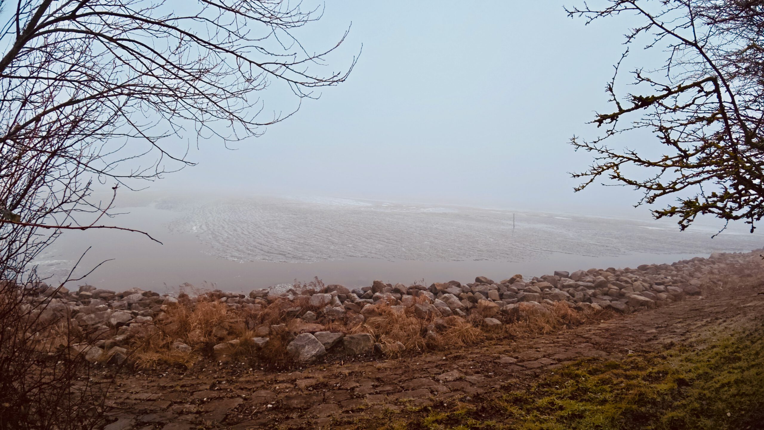 Walking Kornwerderzand along the Afsluitdijk shoreline with icy water, rocks and misty winter landscape during a quiet walk