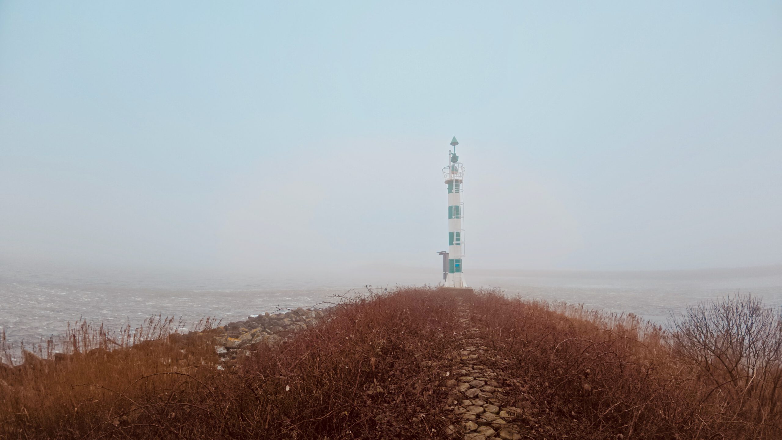 Walking Kornwerderzand toward the lighthouse near the Lorentzsluizen, foggy winter walk through overgrown path with water on both sides