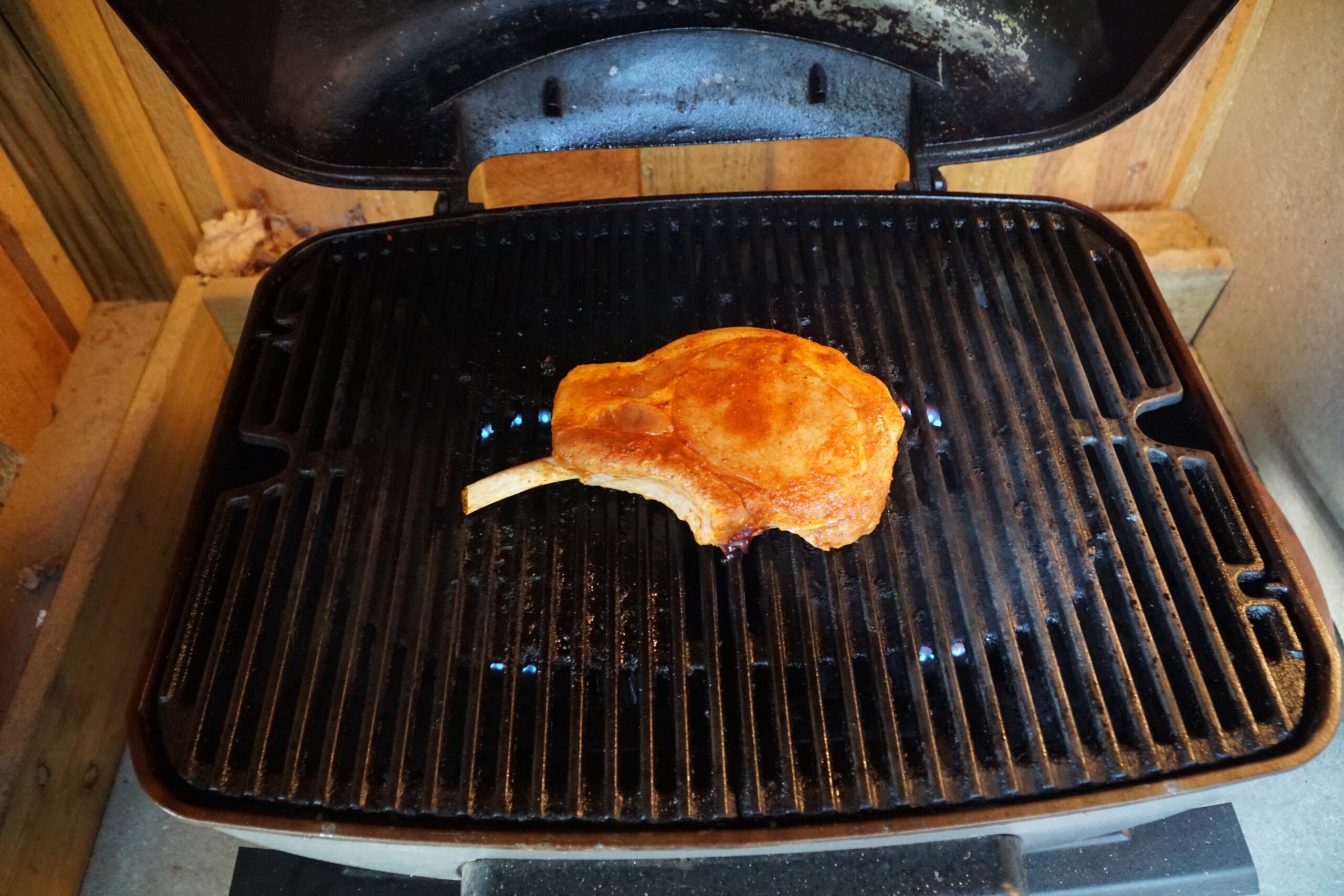 Solevad Cottage in the Forest, seasoned meat grilling on a gas barbecue in the outdoor kitchen surrounded by forest