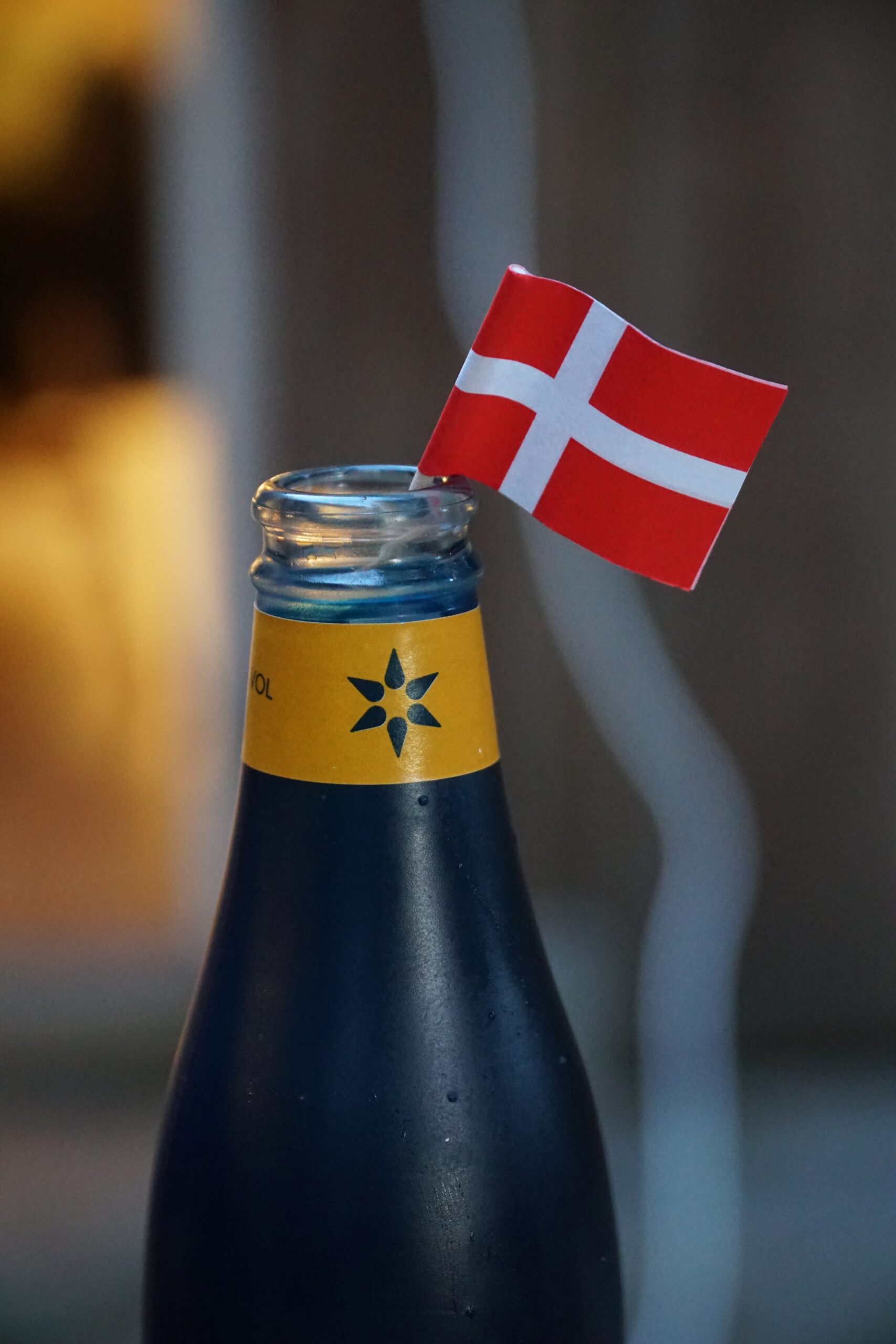 Solevad Cottage in the Forest, Danish craft beer bottle with small Denmark flag during a quiet forest stay near Odense