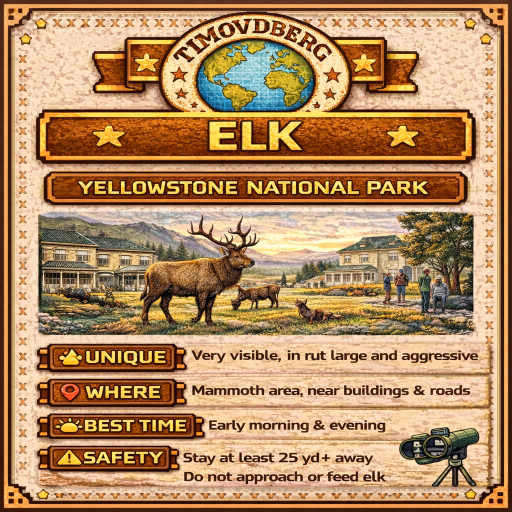8-bit wildlife guide showing elk in Mammoth Hot Springs area, Yellowstone National Park, highlighting why elk are often seen near buildings, best viewing times, and safe wildlife behavior