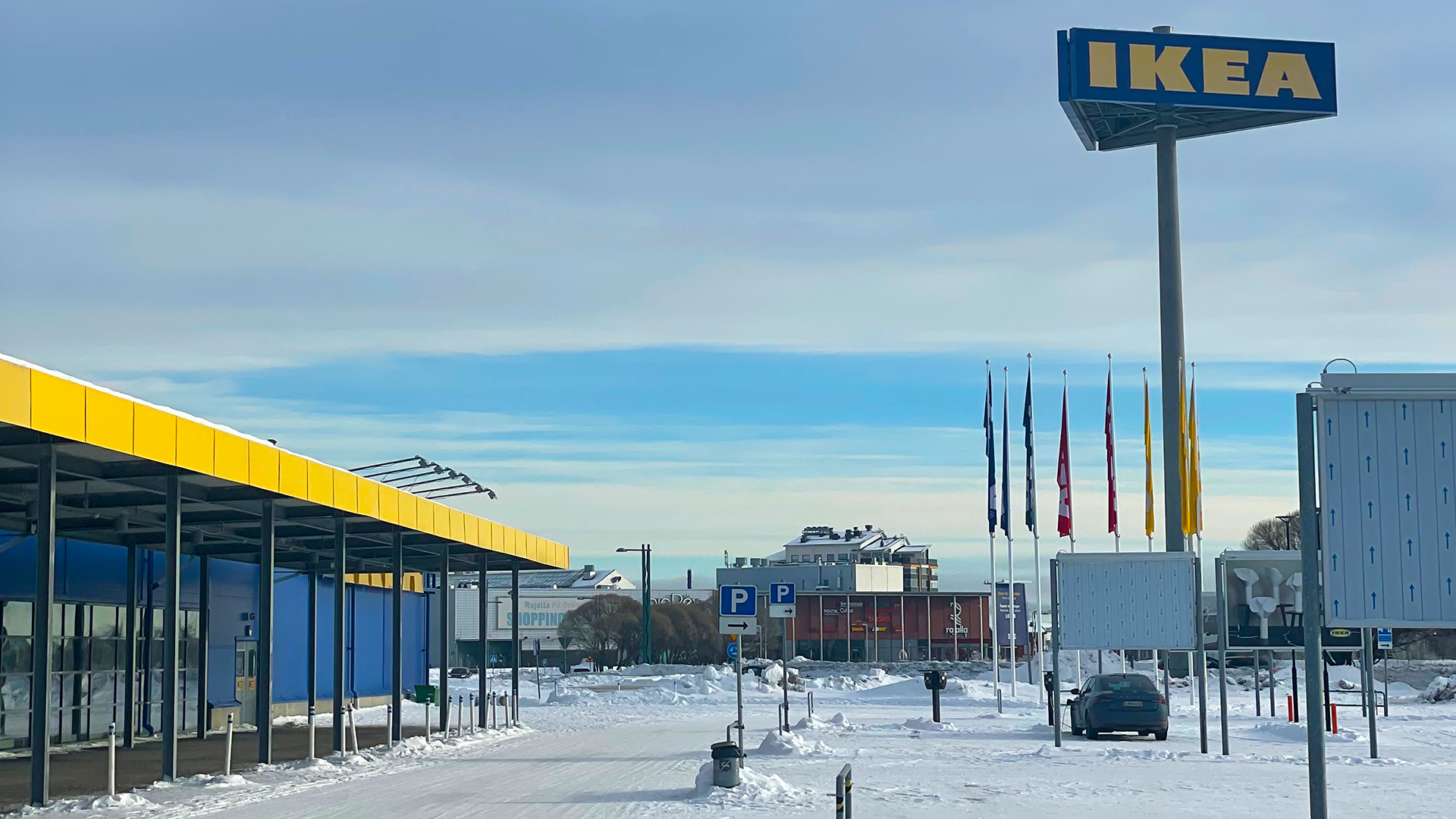 IKEA Haparanda Restaurant and Store, the northernmost IKEA in the world with large parking area and shopping center in Swedish Lapland