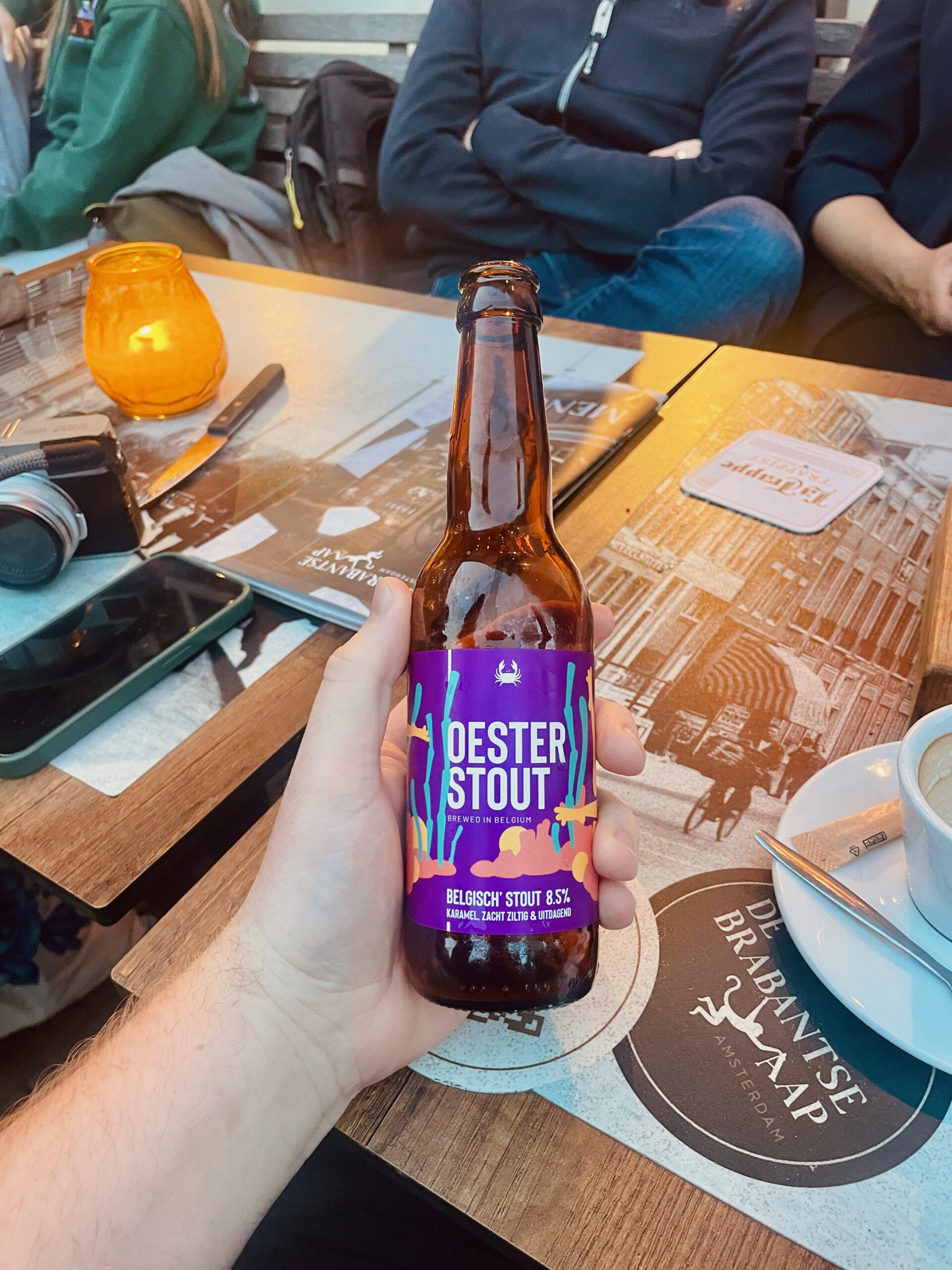 De Brabantse Aap Amsterdam terrace with Belgian Oyster Stout beer, classic pub atmosphere at Spui