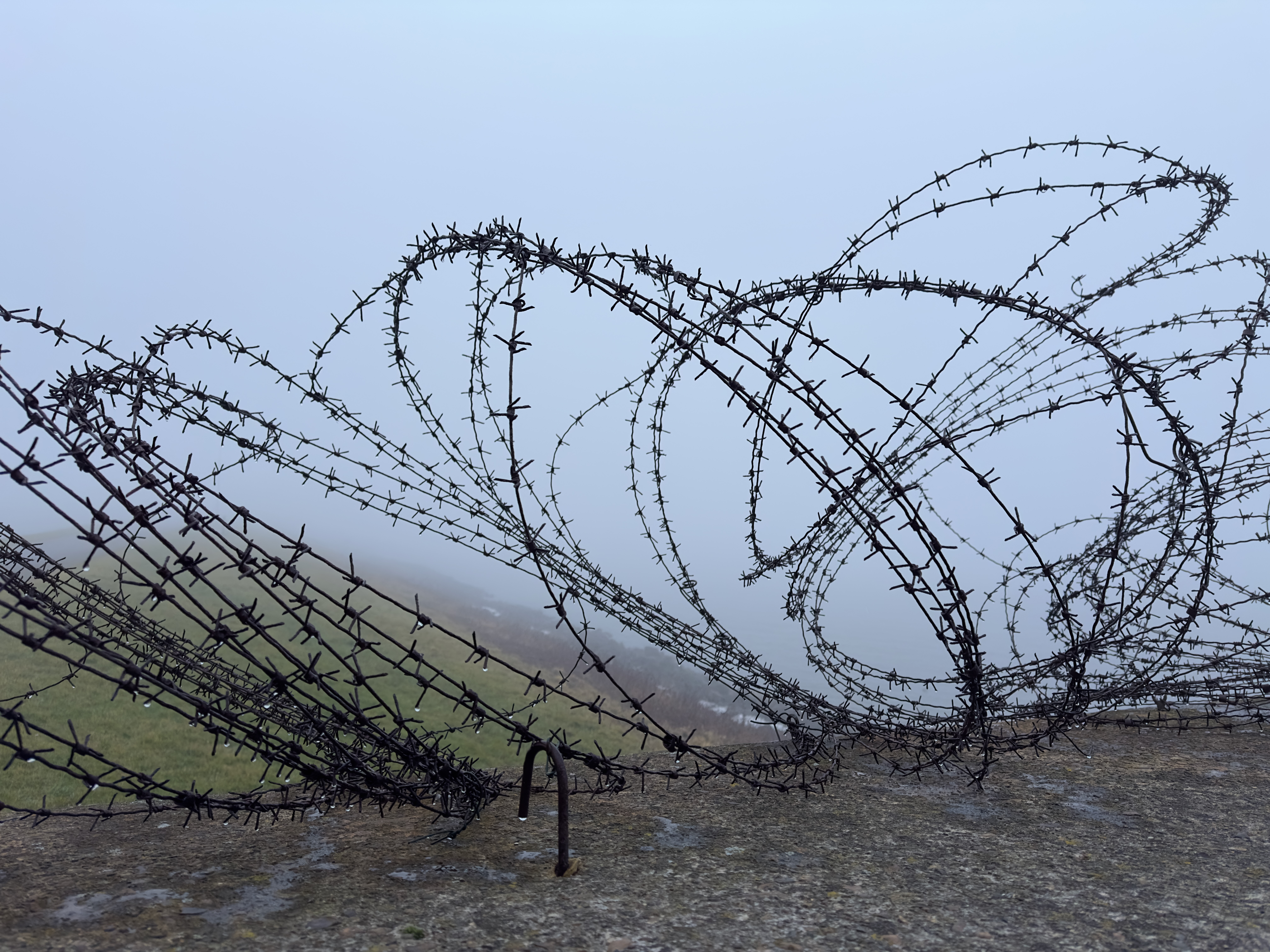 Walking Kornwerderzand at Kazemat V with preserved barbed wire and historic WWII fortifications in fog