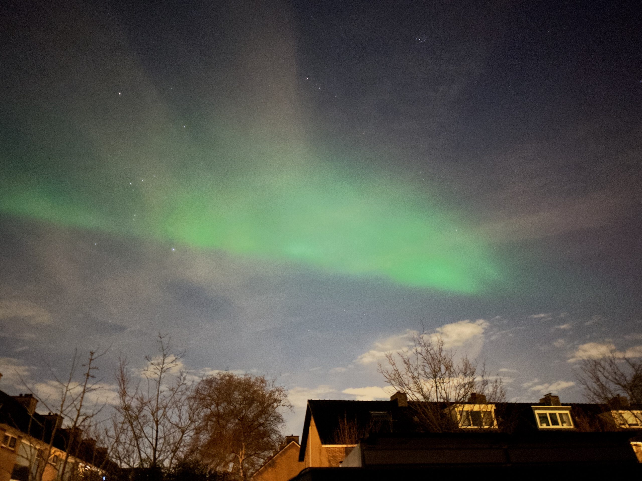 Northern Lights Netherlands January 2026 seen from a backyard in Waddinxveen, rare aurora borealis visible above Dutch houses on January 19, 2026