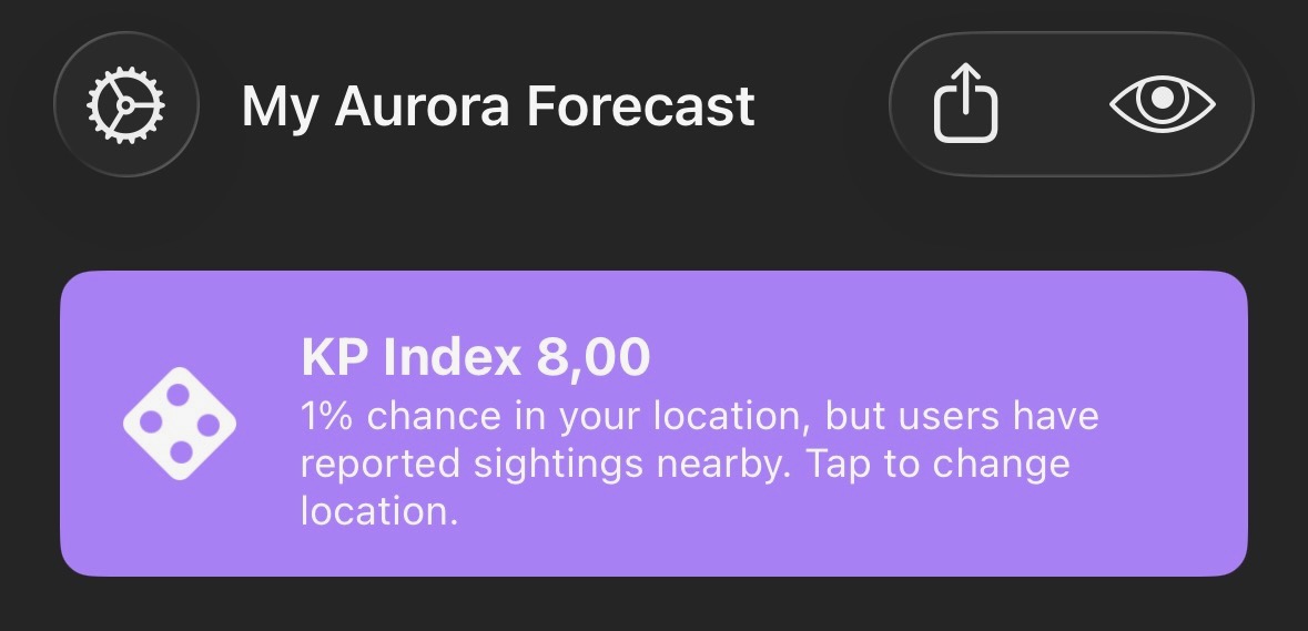Northern Lights Netherlands January 2026 forecast in the Aurora Pro app showing KP Index 8.0 and a 1 percent chance, January 19, 2026